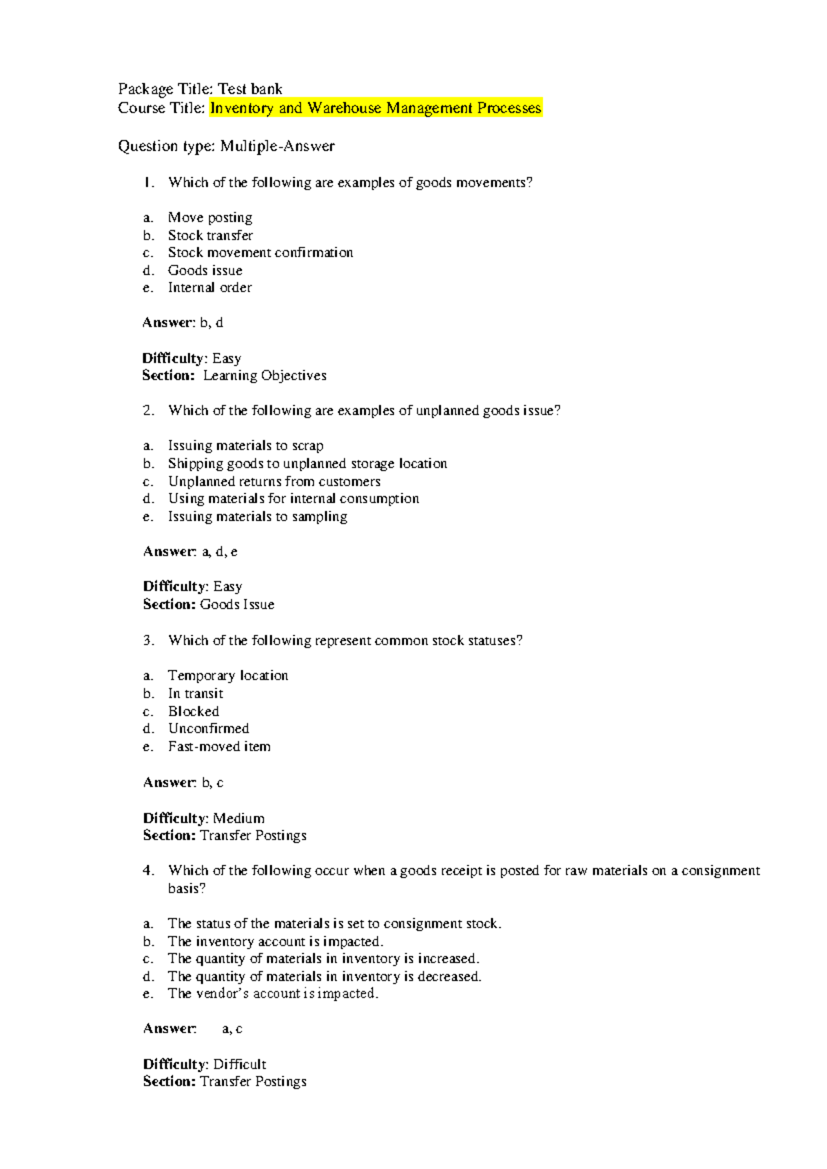 Ch07 - Inventory & Warehouse Management Processes Test Bank - Studocu