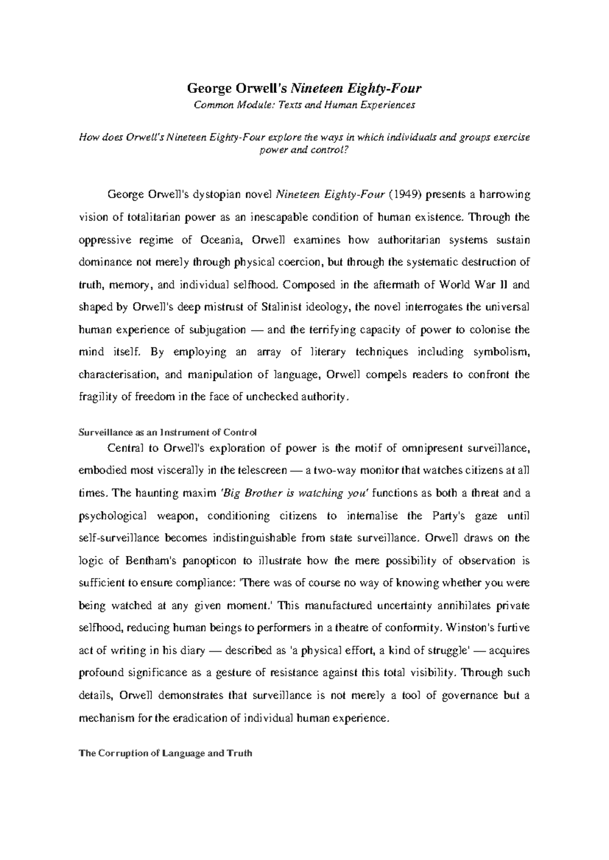 1984 HSC Essay: Power, Control, and Human Experience in Orwell's ...