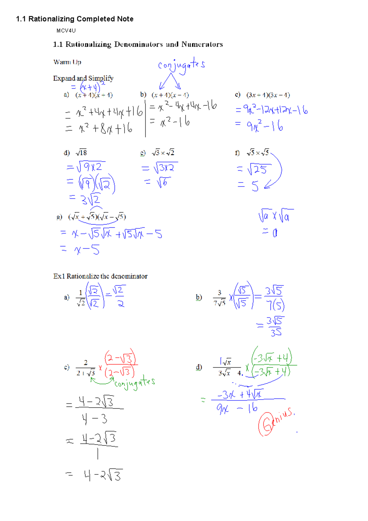 MCV4U Lecture Notes: Rationalizing, Limits, and Continuity - Studocu
