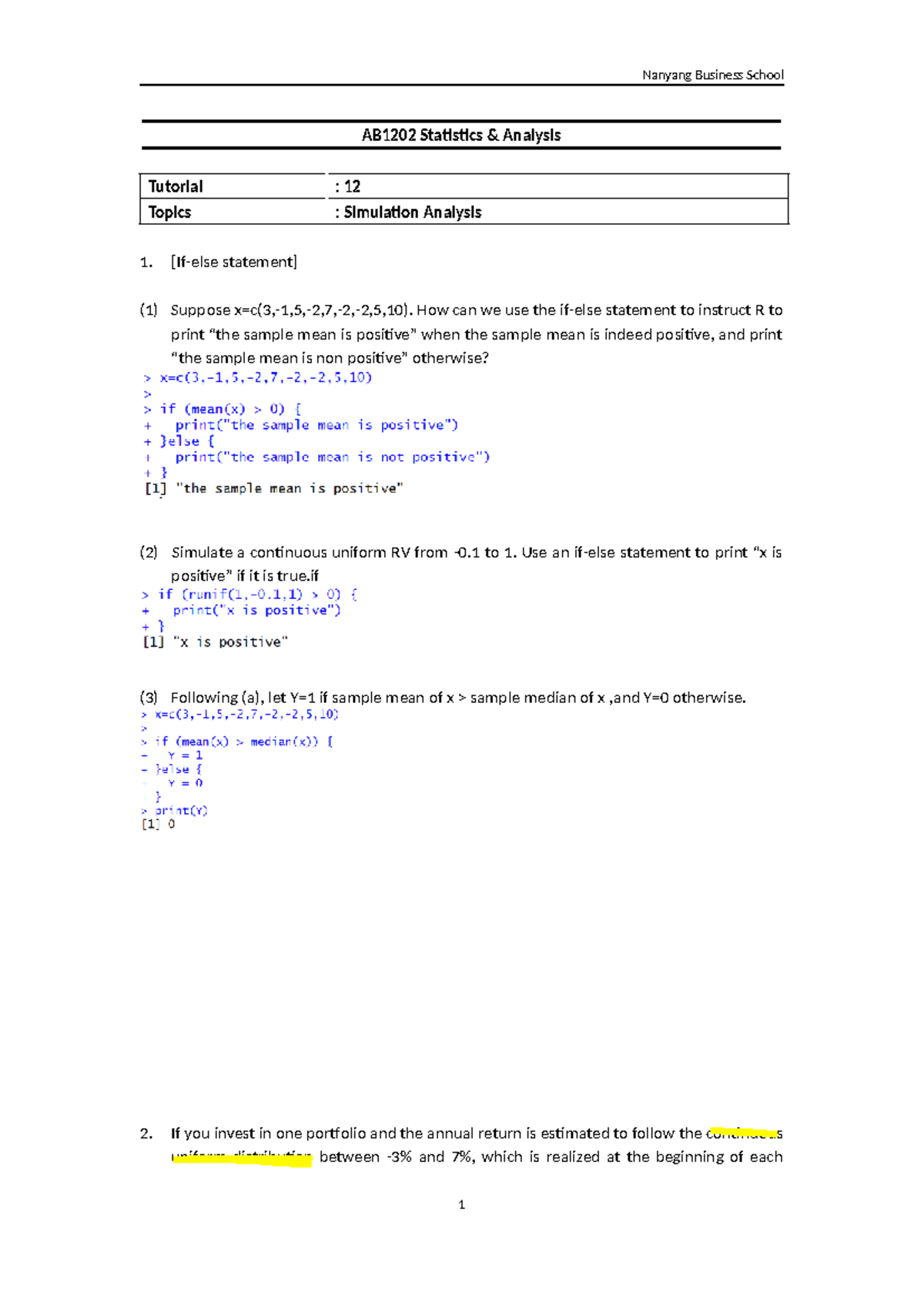 AB1202 Statistics Analysis Tutorial: Week 12 Questions & Answers - Studocu