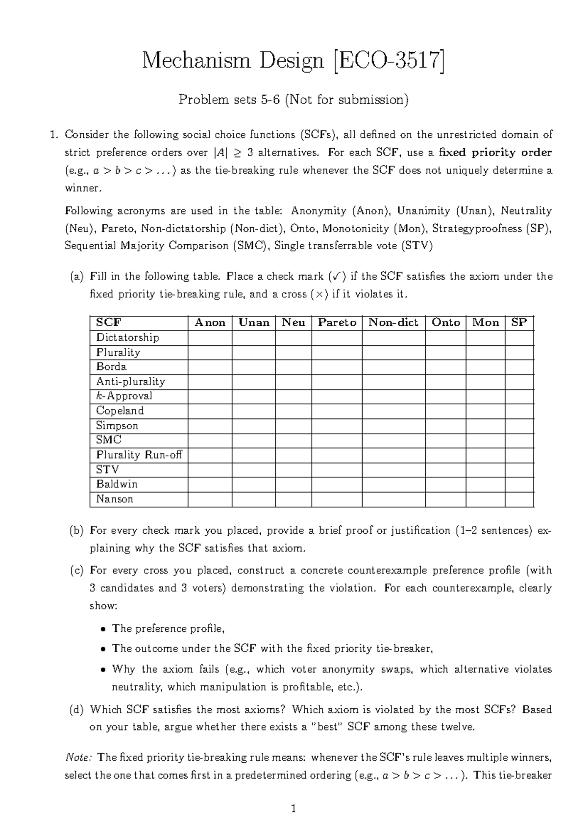 Problem Set 5-6: Mechanism Design Questions and SCF Analysis - Studocu