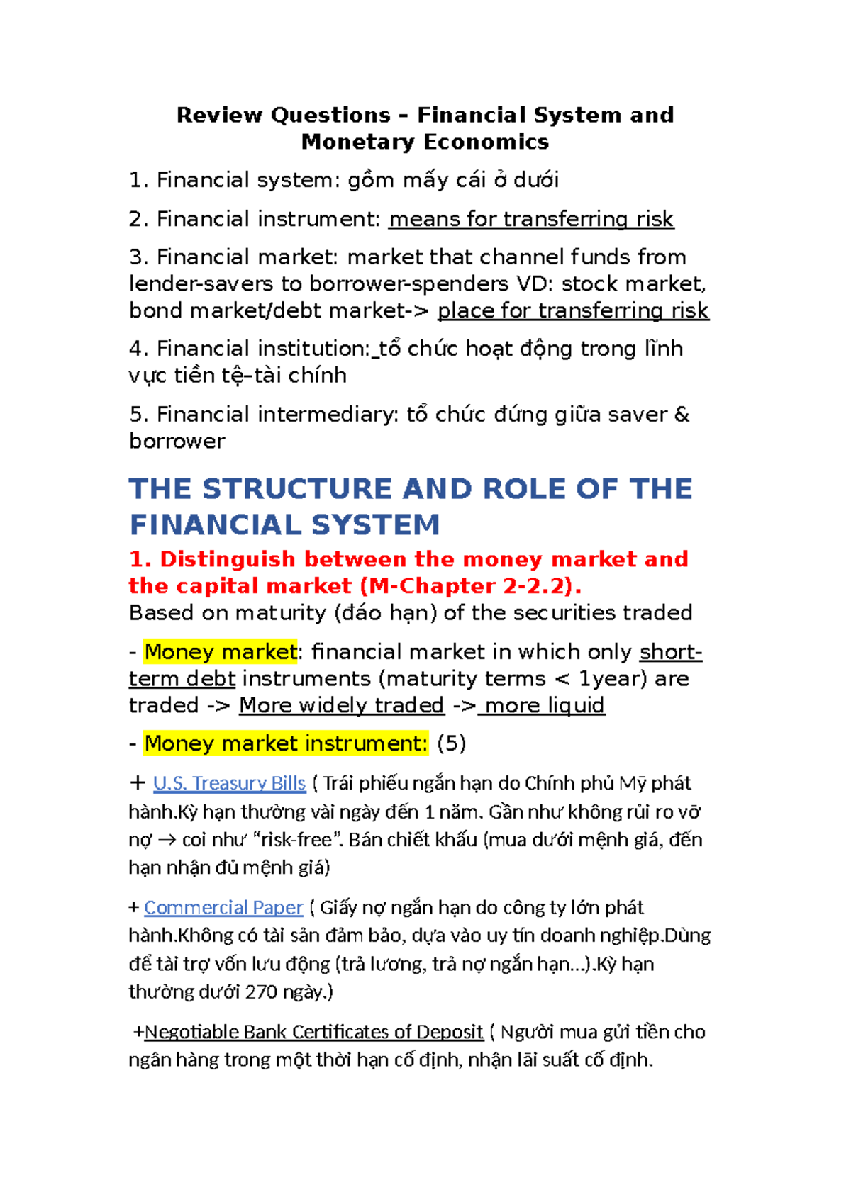 Review Questions – Financial System & Monetary Economics (M-Final Exam ...