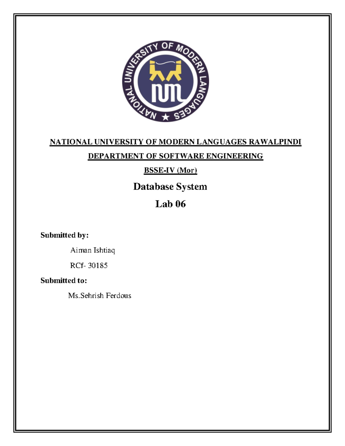 LAB 6 - SQL Commands Practice for SE (Mor) at NUML Rawalpindi - Studocu