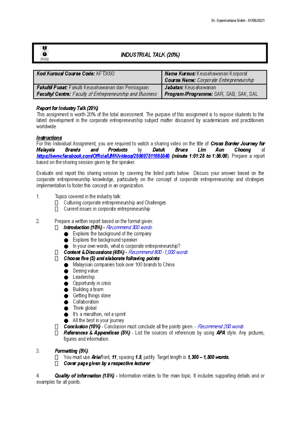 Guideline AFT3093 - Industry Talk Report on Corporate Entrepreneurship ...