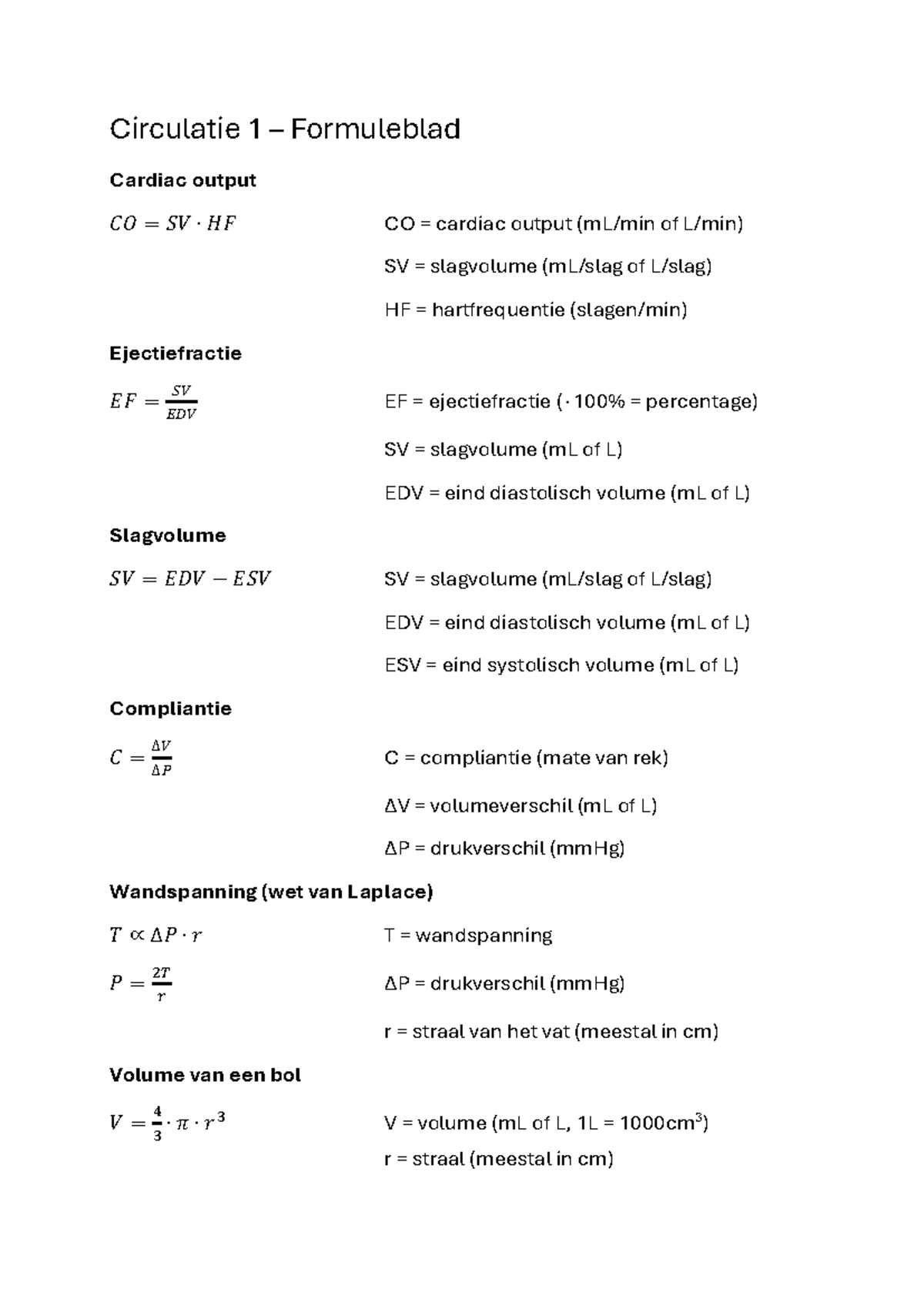 Circulatie 1 - Formuleblad en Belangrijke Formules - Studeersnel