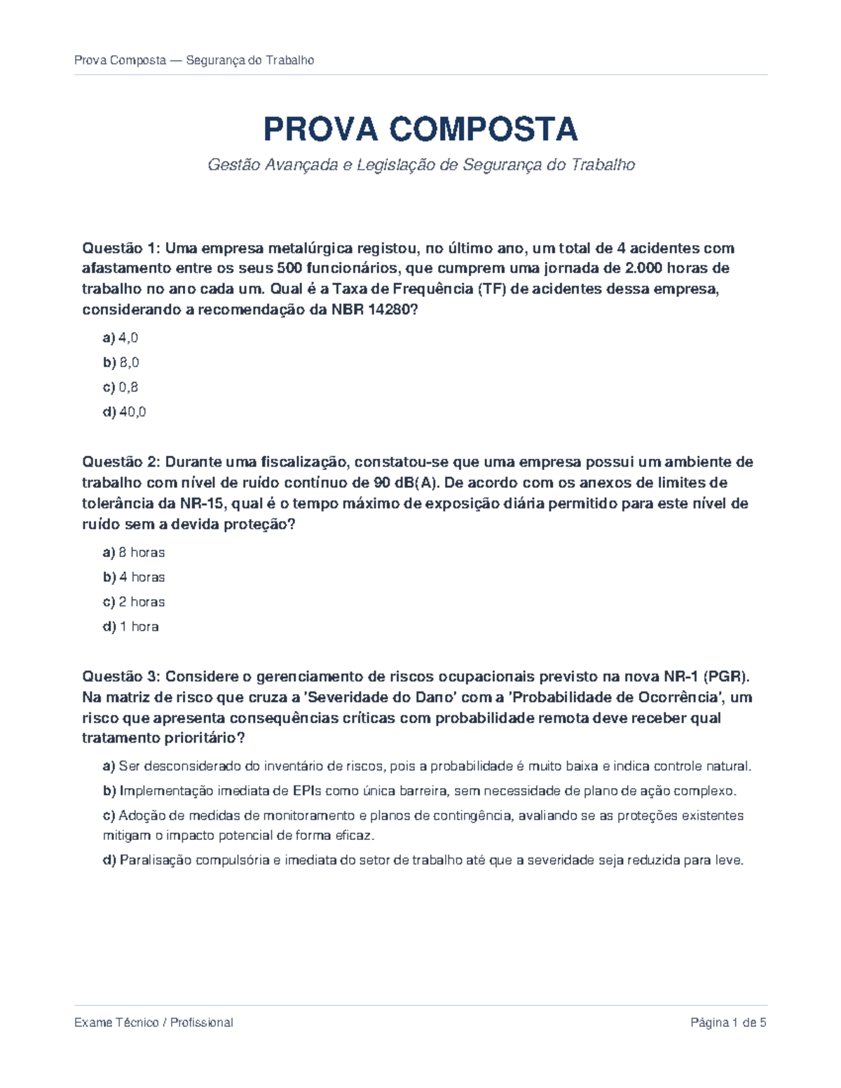 Prova Composta de Segurança do Trabalho - Gestão Avançada e Legislação ...