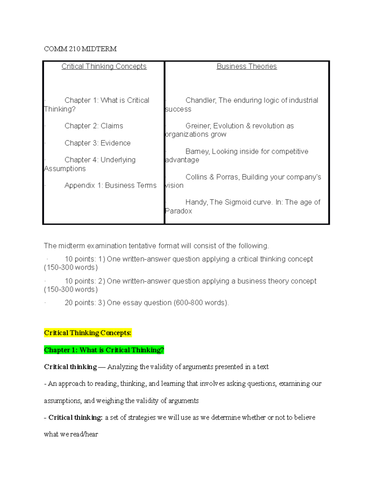COMM 210 Midterm Exam Study Guide: Critical Thinking & Business ...
