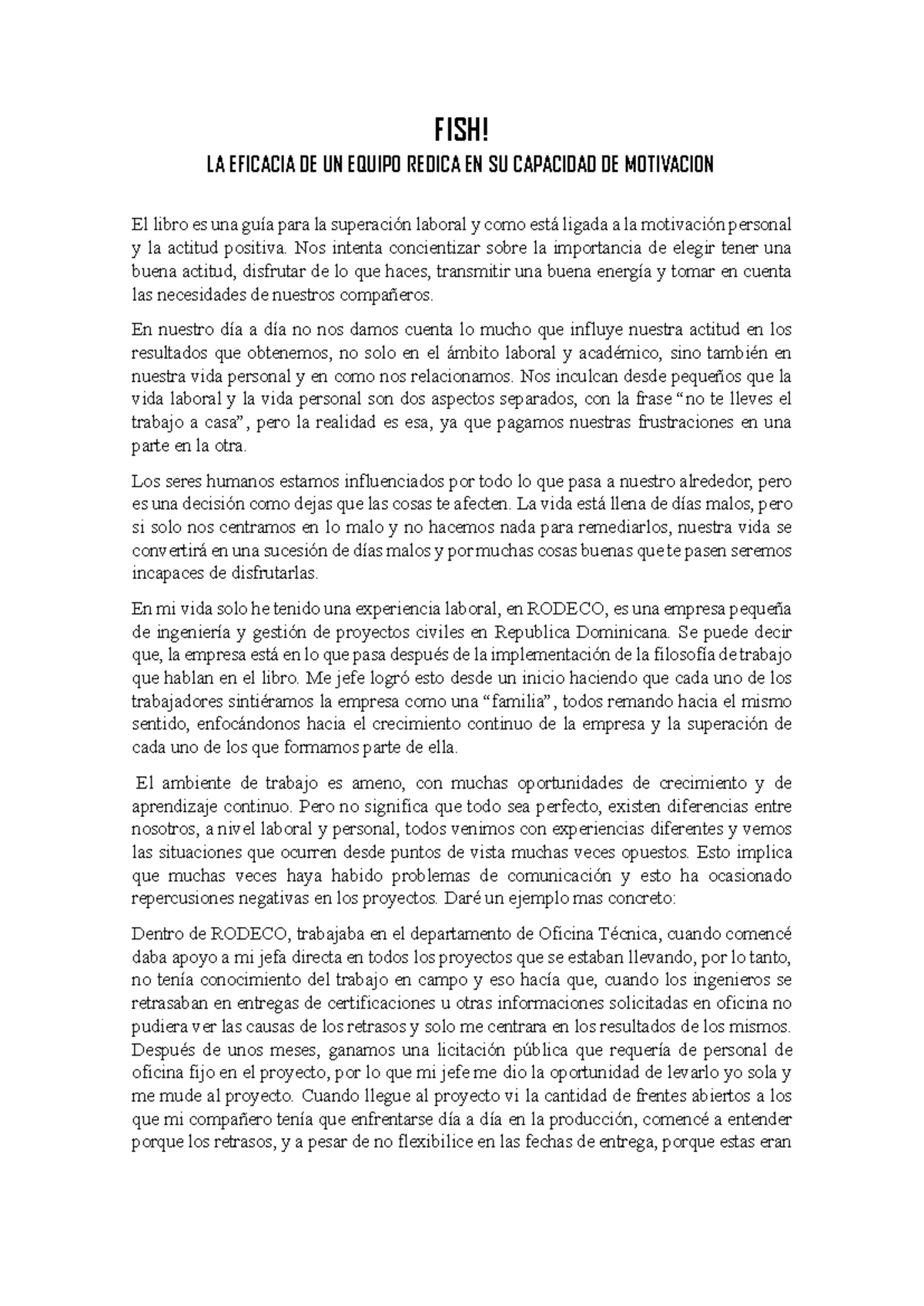 FISH - Resumen del libro sobre motivación en el trabajo - Studocu
