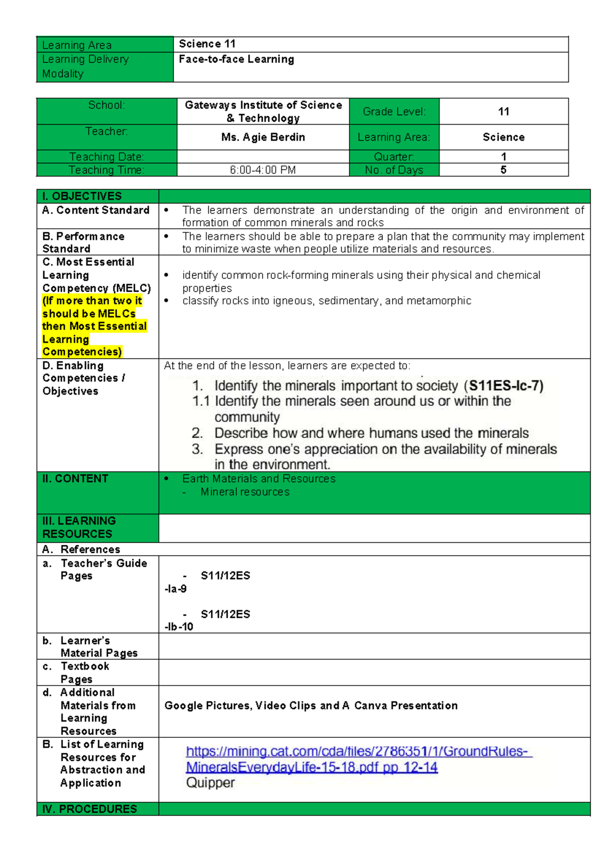 WEEK 2 E&LS Lesson Plan for Science 11 (PAN 1SY25 26) by Ms. Berdin ...