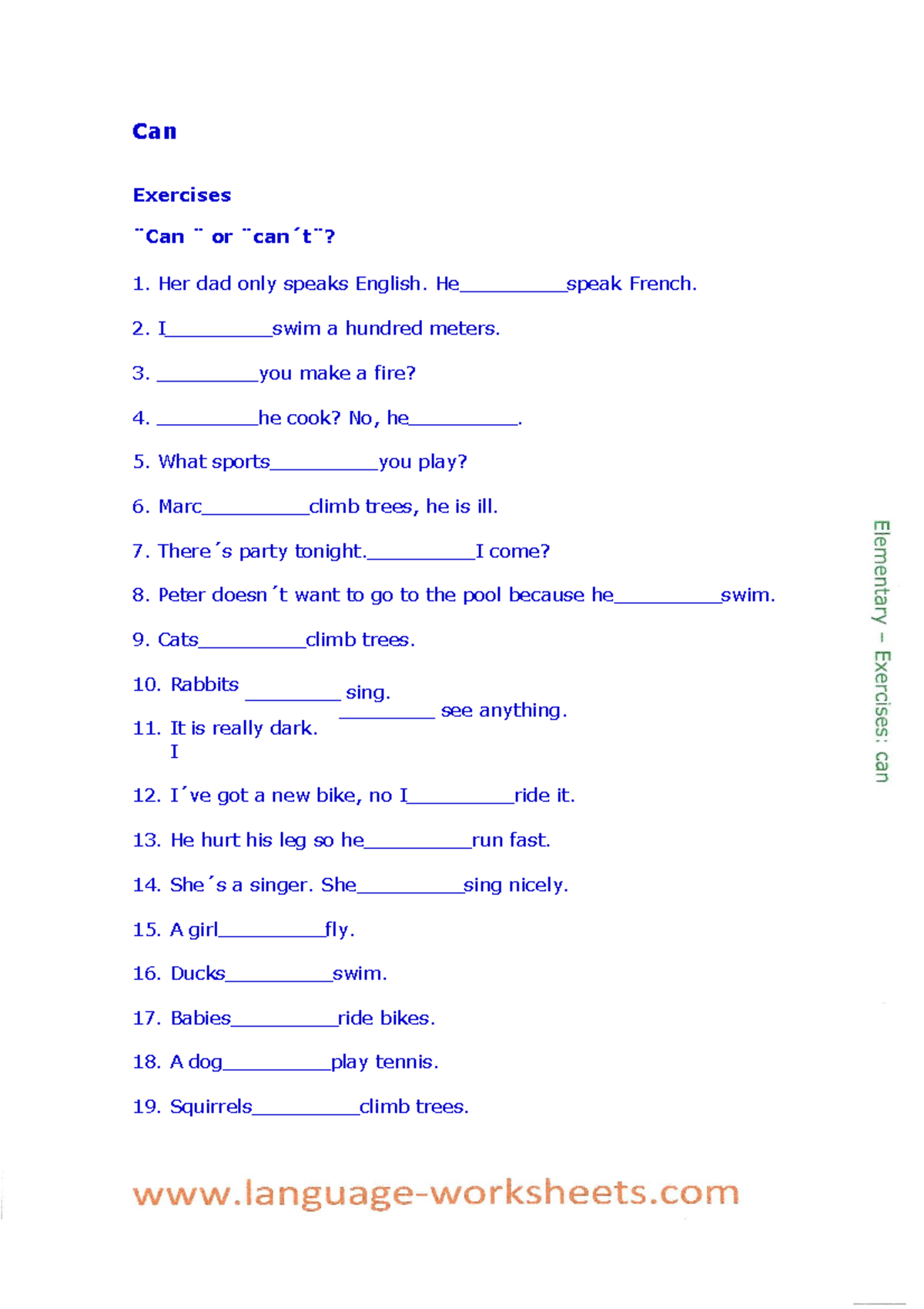 CAN AND CAN'T Exercises (Practice) for English Learners - Studocu