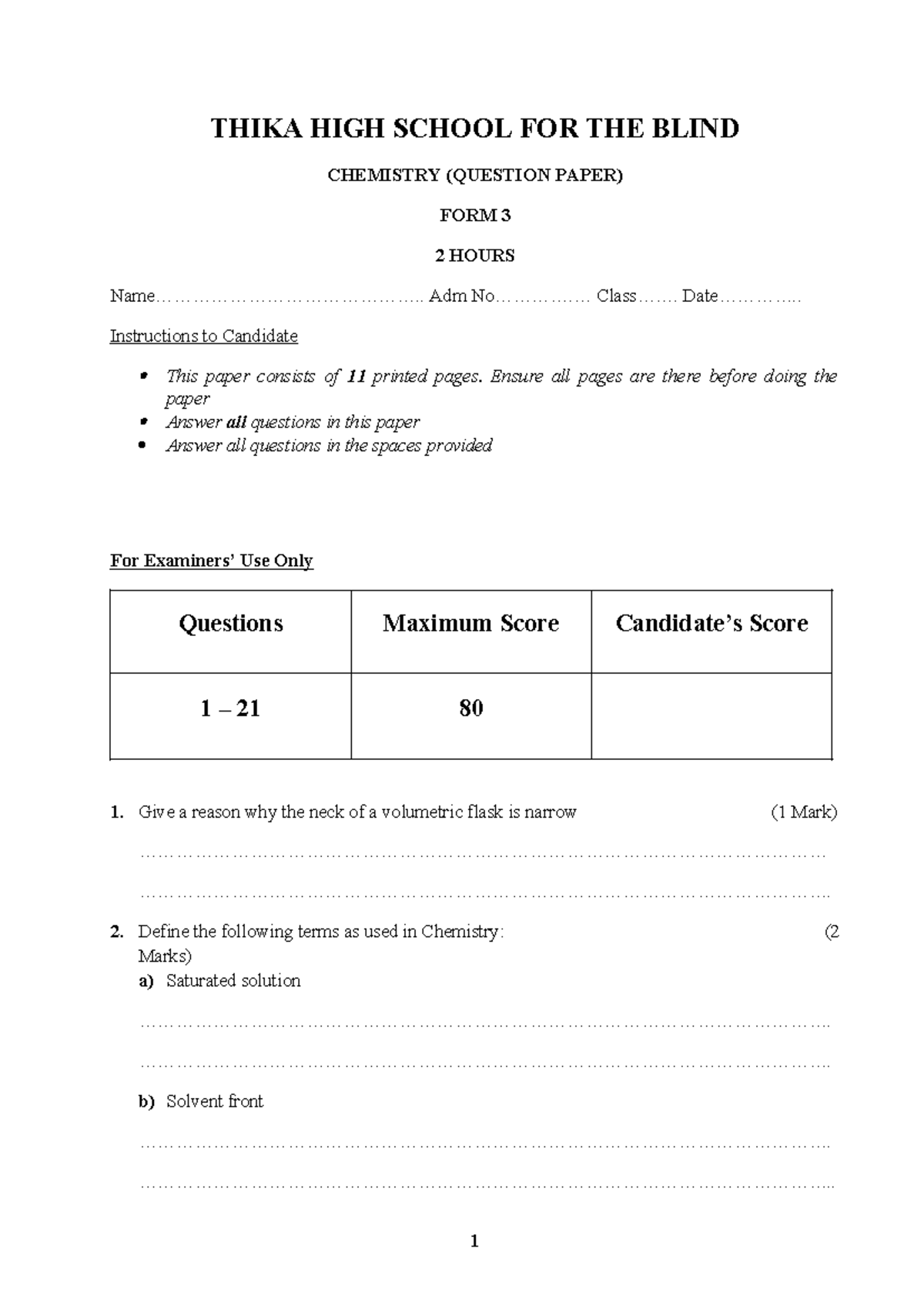 Chemistry Form 3 Question Paper - Thika High School for the Blind - Studocu