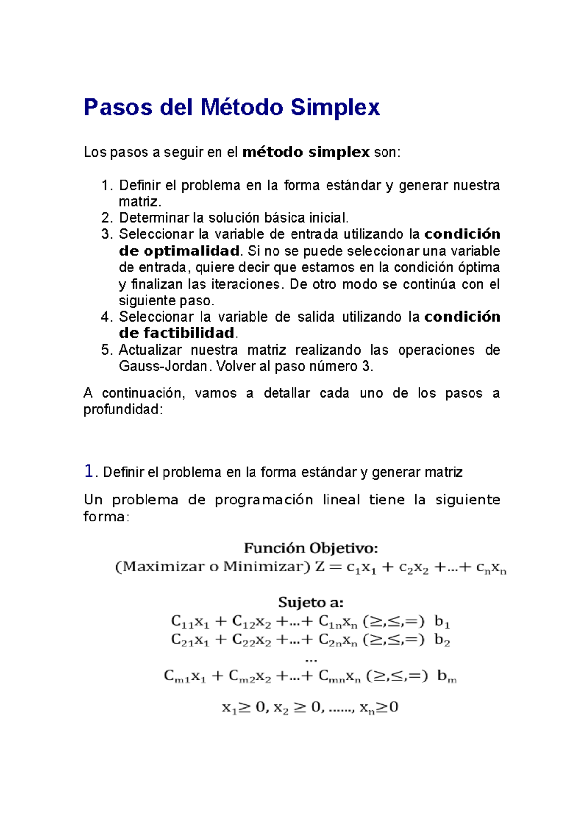 Pasos Del Método Simplex Para Programación Lineal Studocu