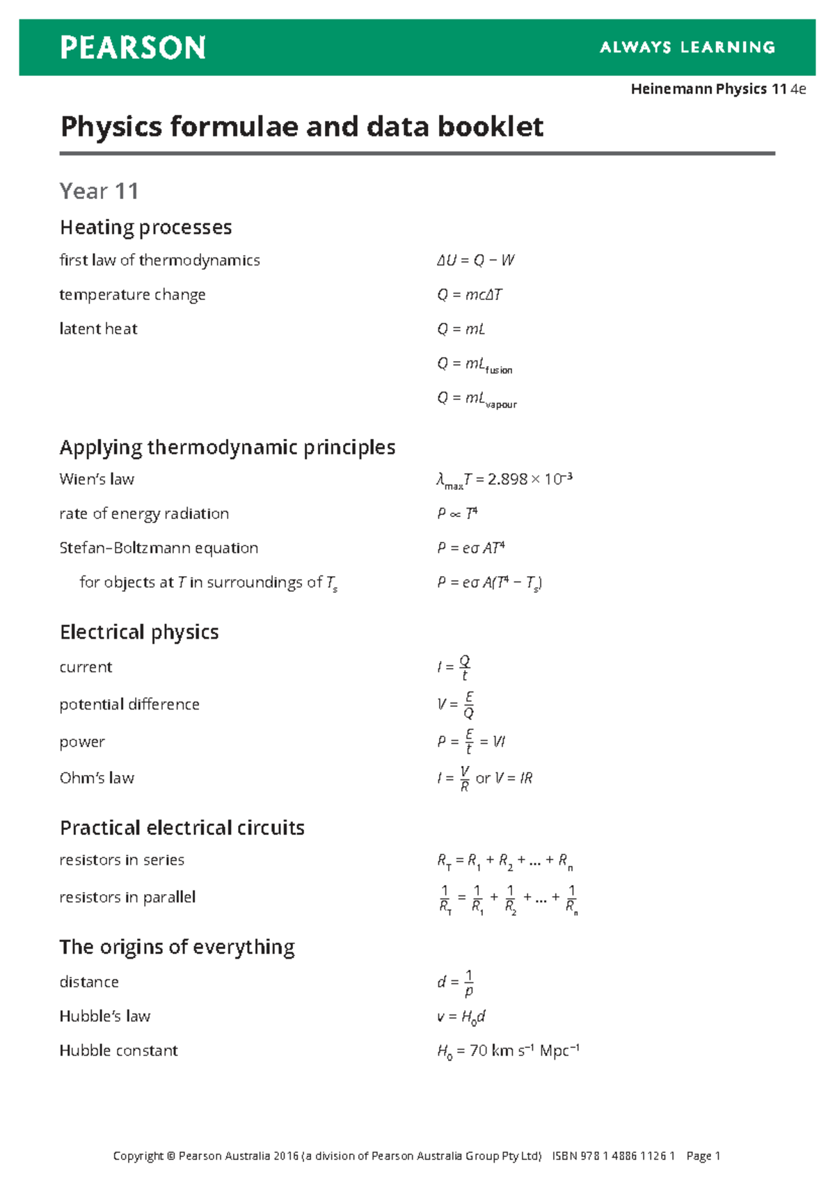 Heinemann Physics 11 4e: Formulae & Data Booklet for Units 1-2 - Studocu