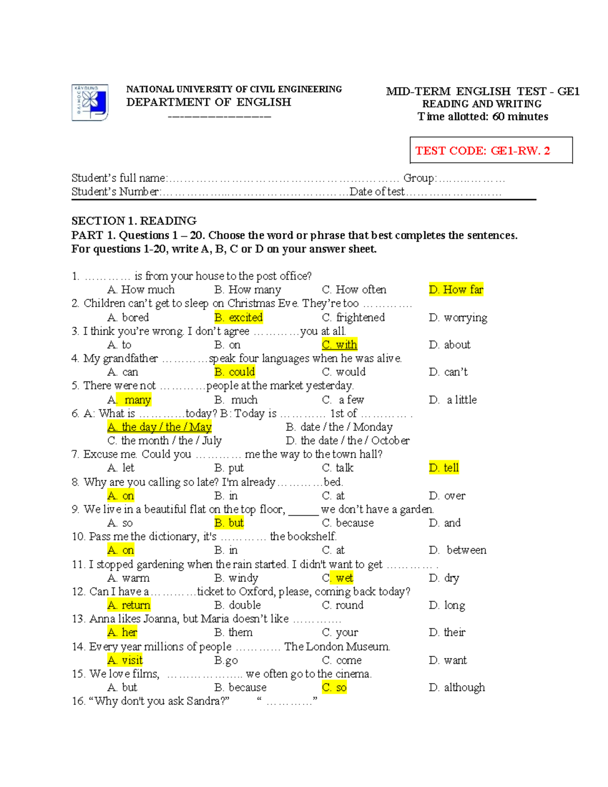 Midterm Test - GE1 - Reading and Writing - tiếng anh - Test No. 2 - Studocu