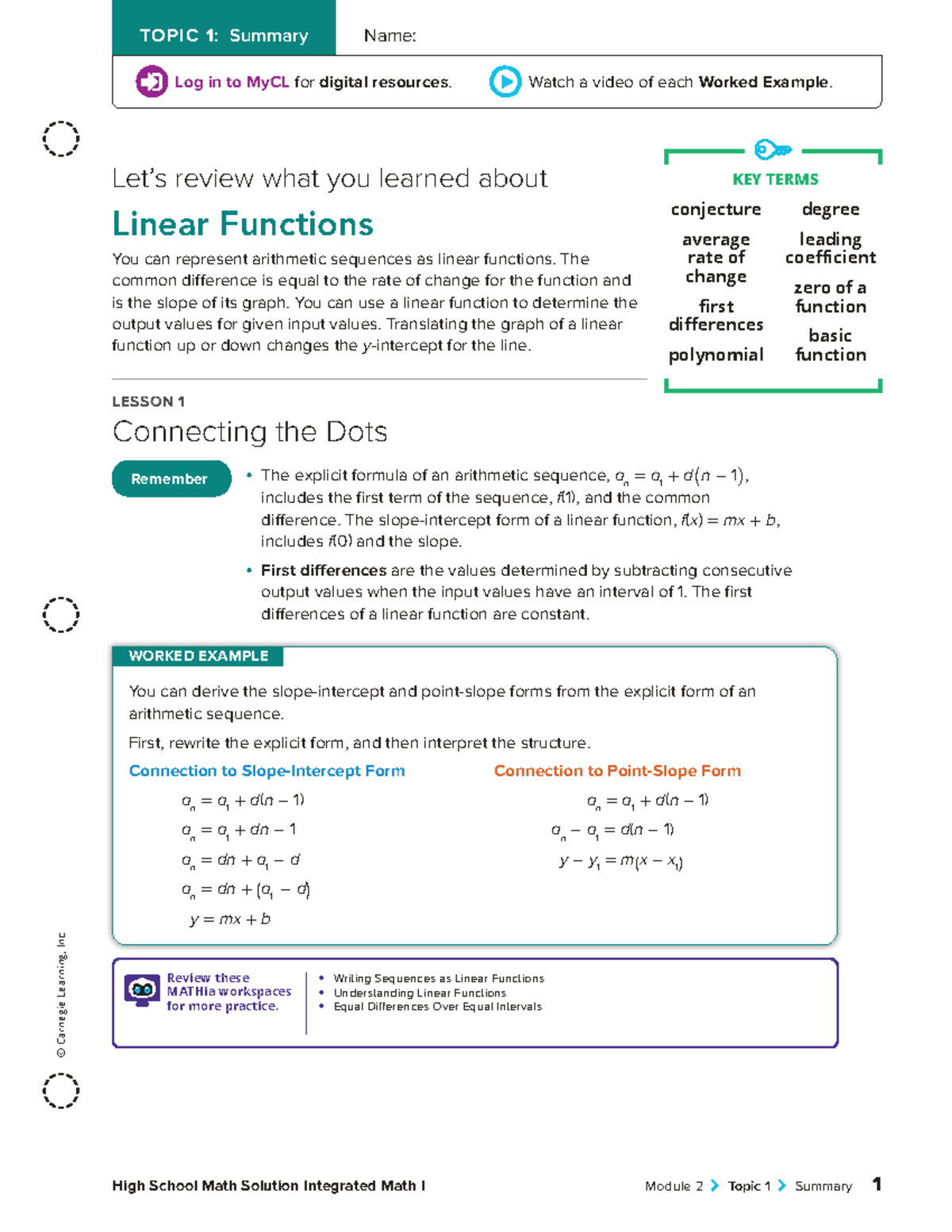 Integrated Math I Module 2: Topic 1 Summary on Linear Functions - Studocu