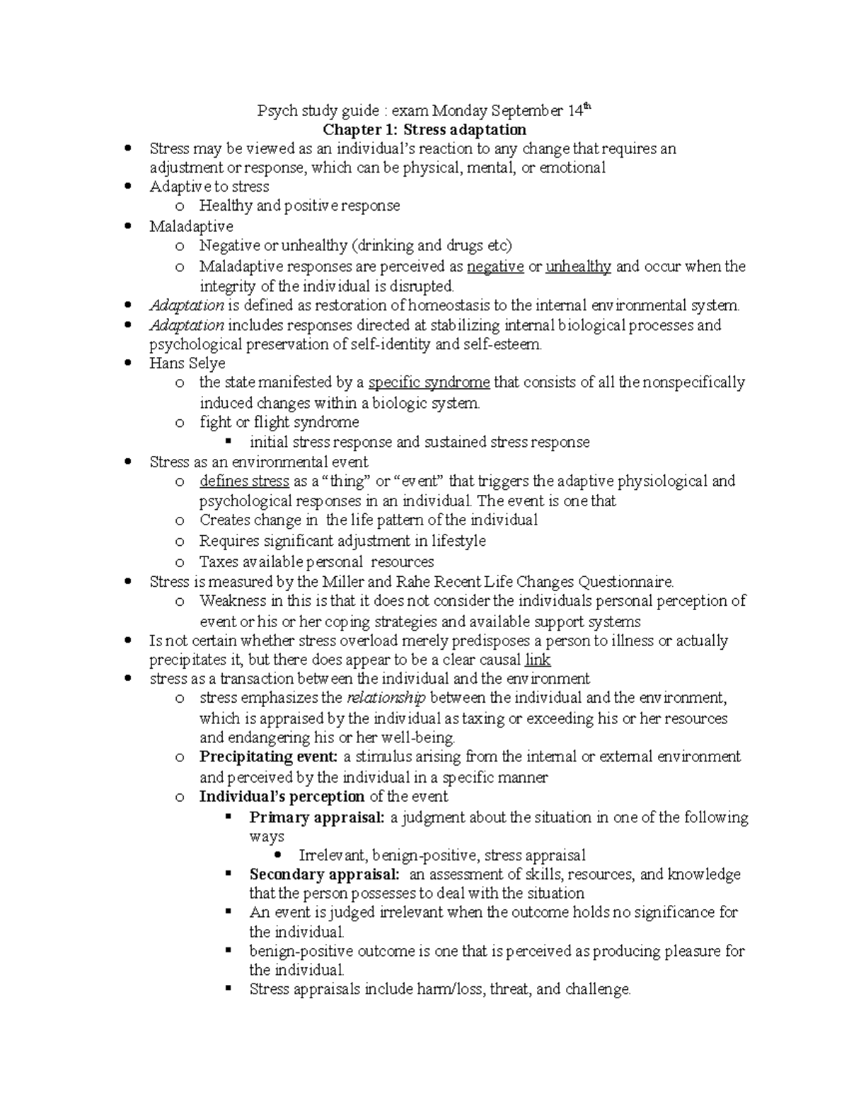 Psych 101: Stress Adaptation & Management - Exam Study Guide - Studocu