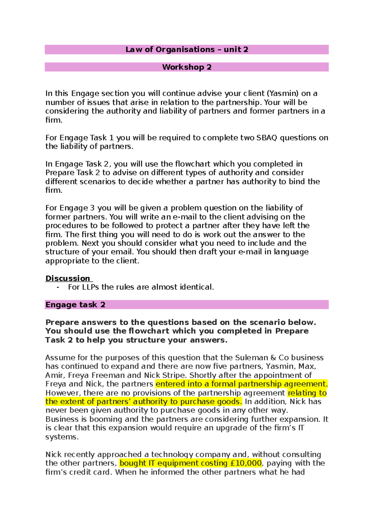 Law of Organisations - Unit 2 Workshop 2: Partnership Authority ...