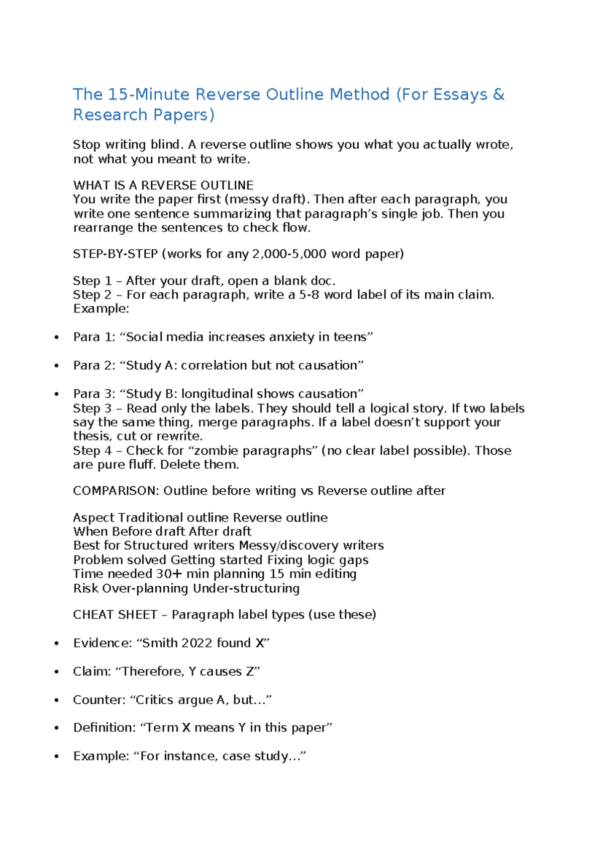 The 15-Minute Reverse Outline Method for Essays & Research Papers - Studocu