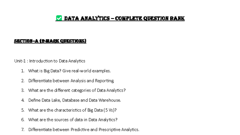 DATA ANALYTICS COMPLETE QUESTION BANK (DA 101) - Studocu