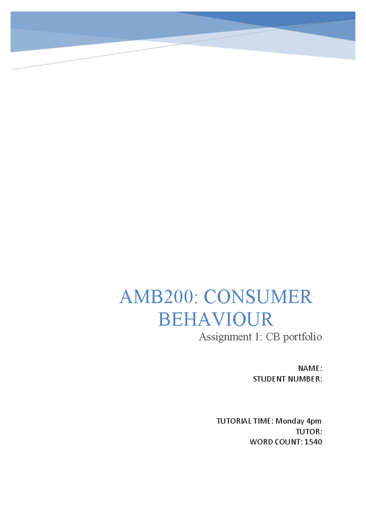 AMB200: Consumer Behaviour Assignment 1 Portfolio Analysis - Studocu