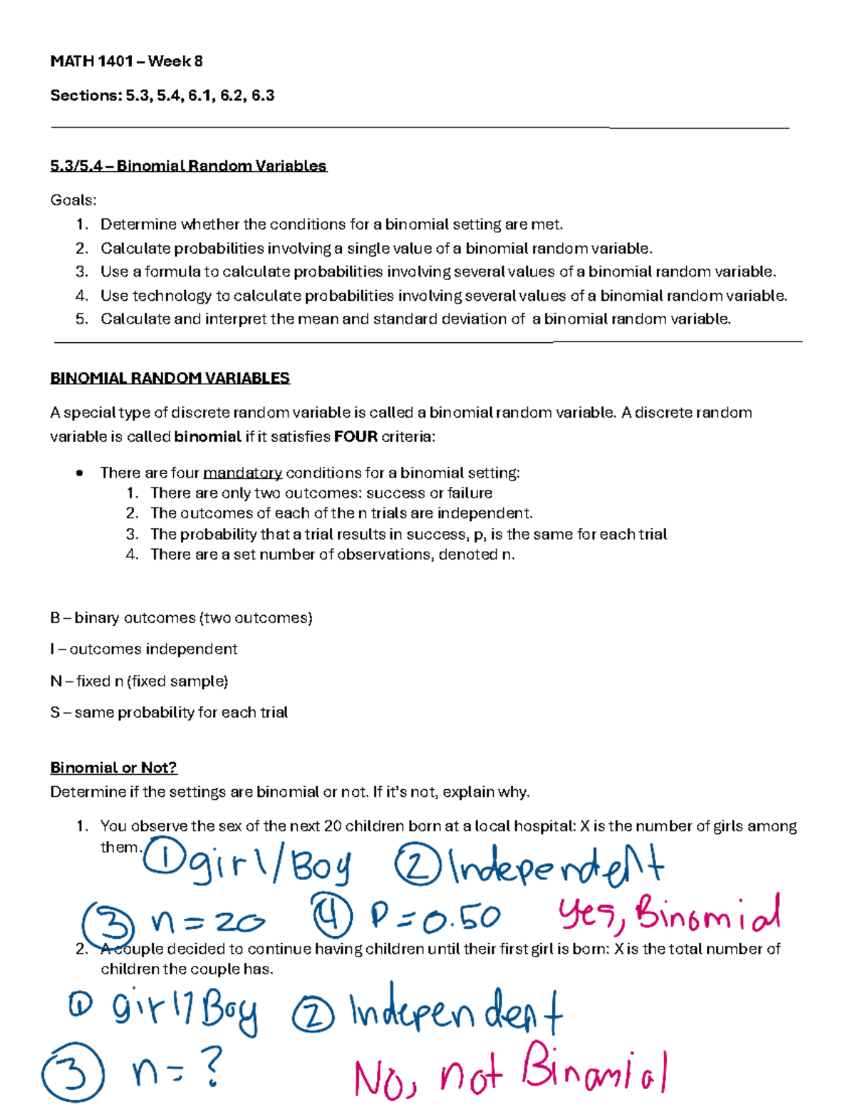 MATH 1401 – Week 8 Lecture Notes on Binomial Variables - Studocu