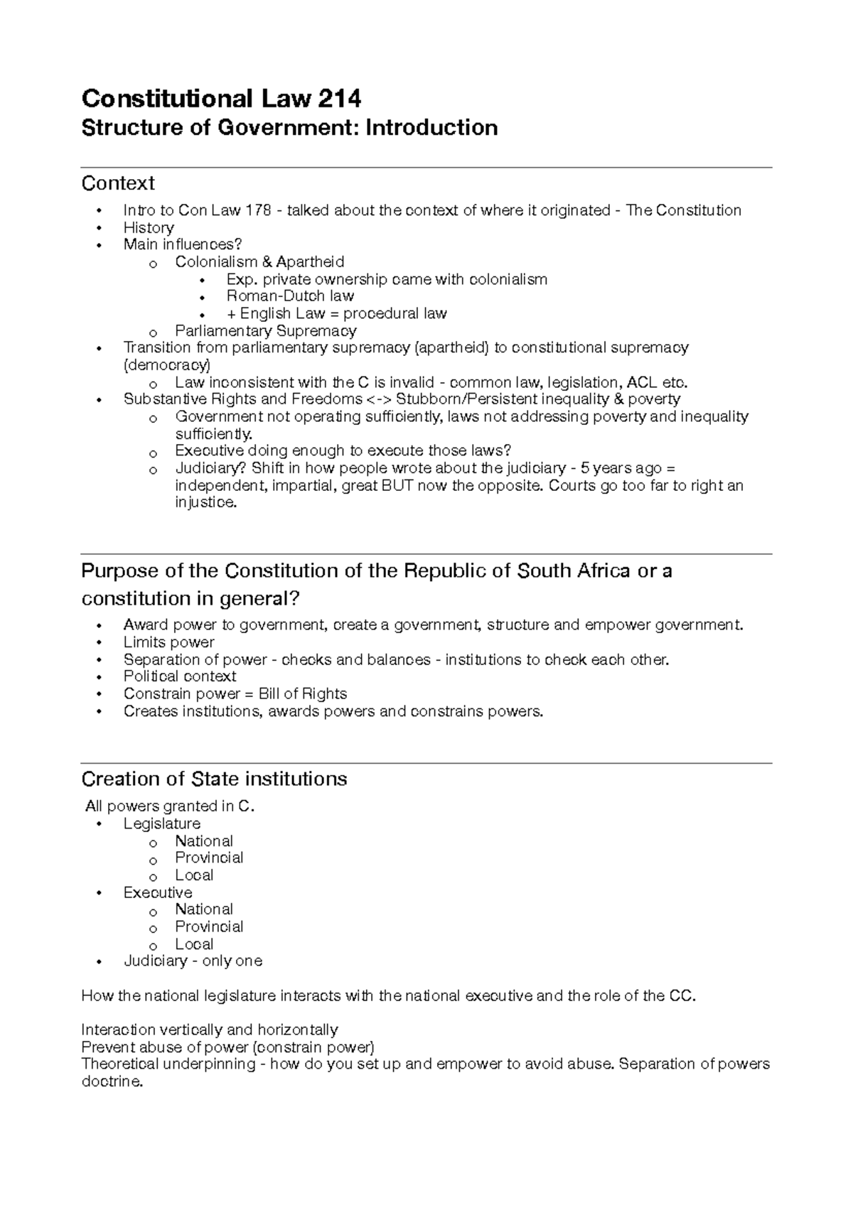 Constitutional Law - summary of class notes and some texbook ...