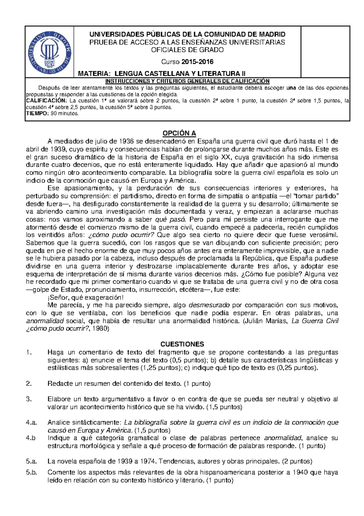 Prueba de Acceso a la Universidad: Lengua Castellana y Literatura II ...