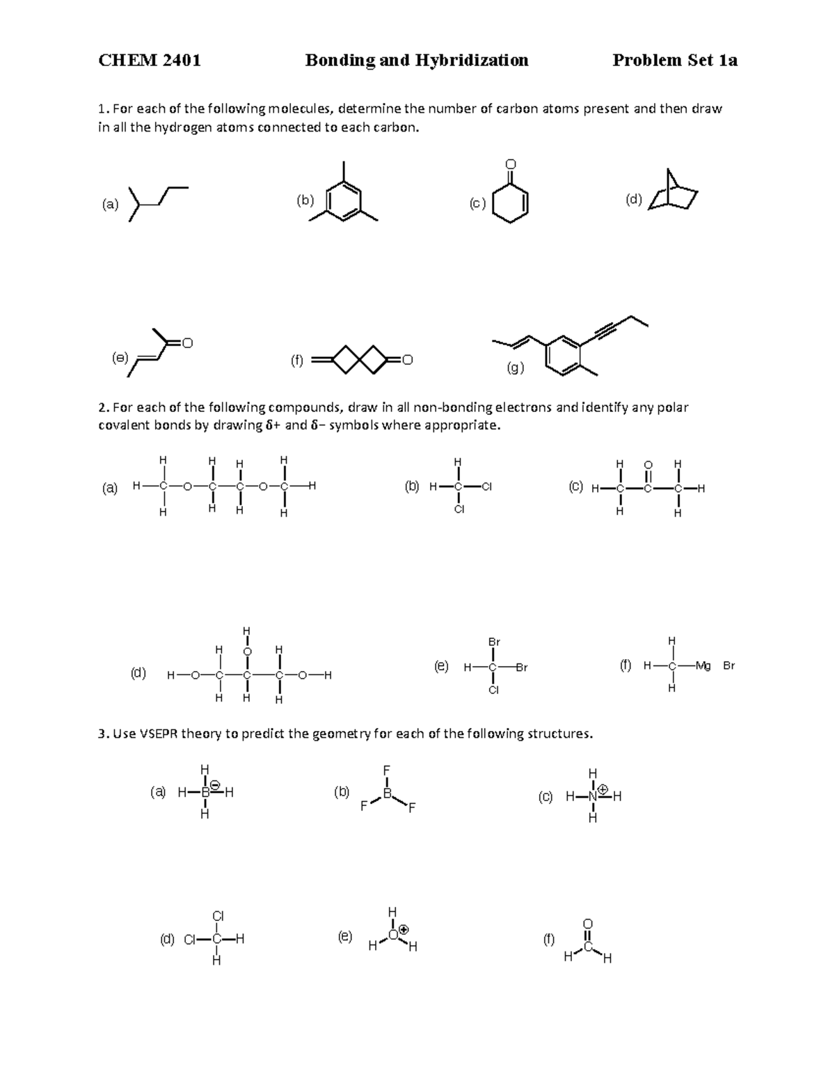 2401 Problems 1a Bonding and Hybridization Questions - CHEM 2 401 ...