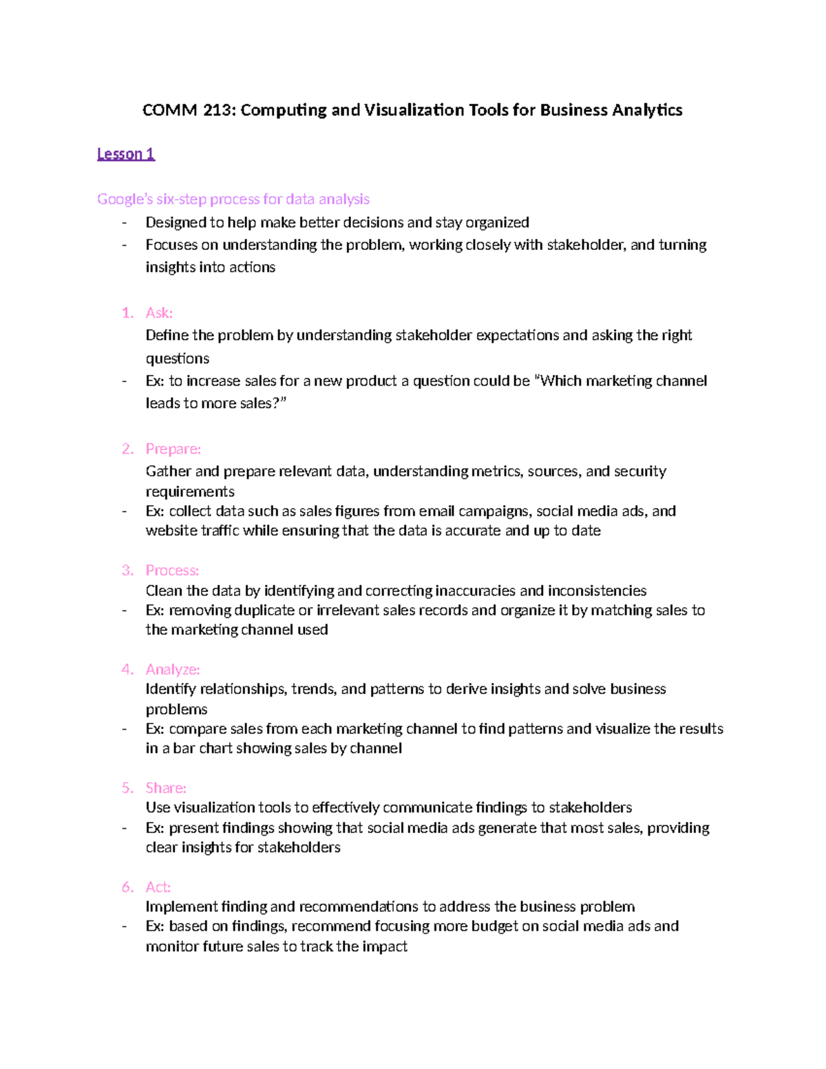 COMM 213: Lesson 1 - Data Analysis Process for Business Analytics - Studocu