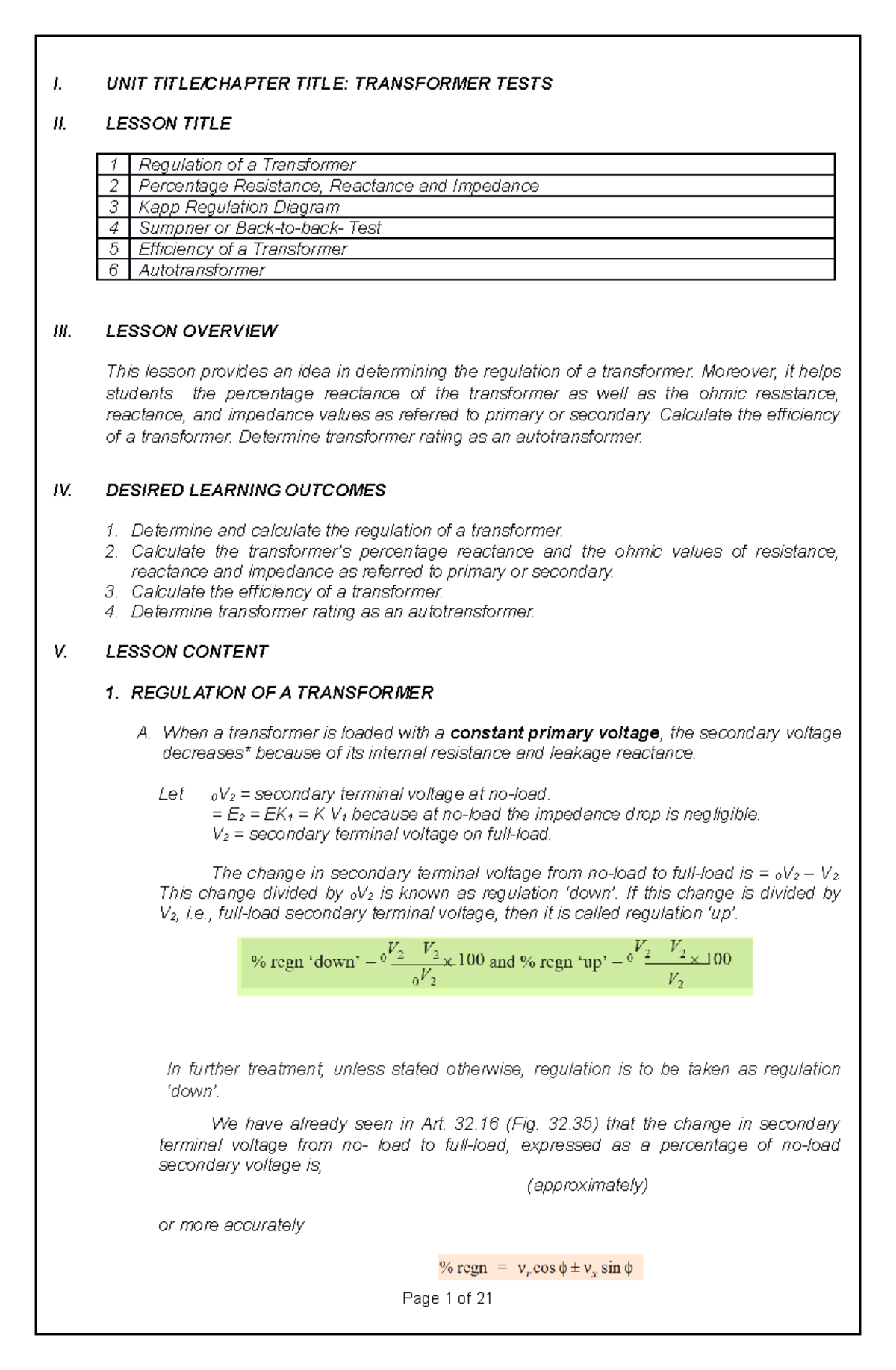 Electrical Transformers - Unit 3: Tests and Calculations - Studocu