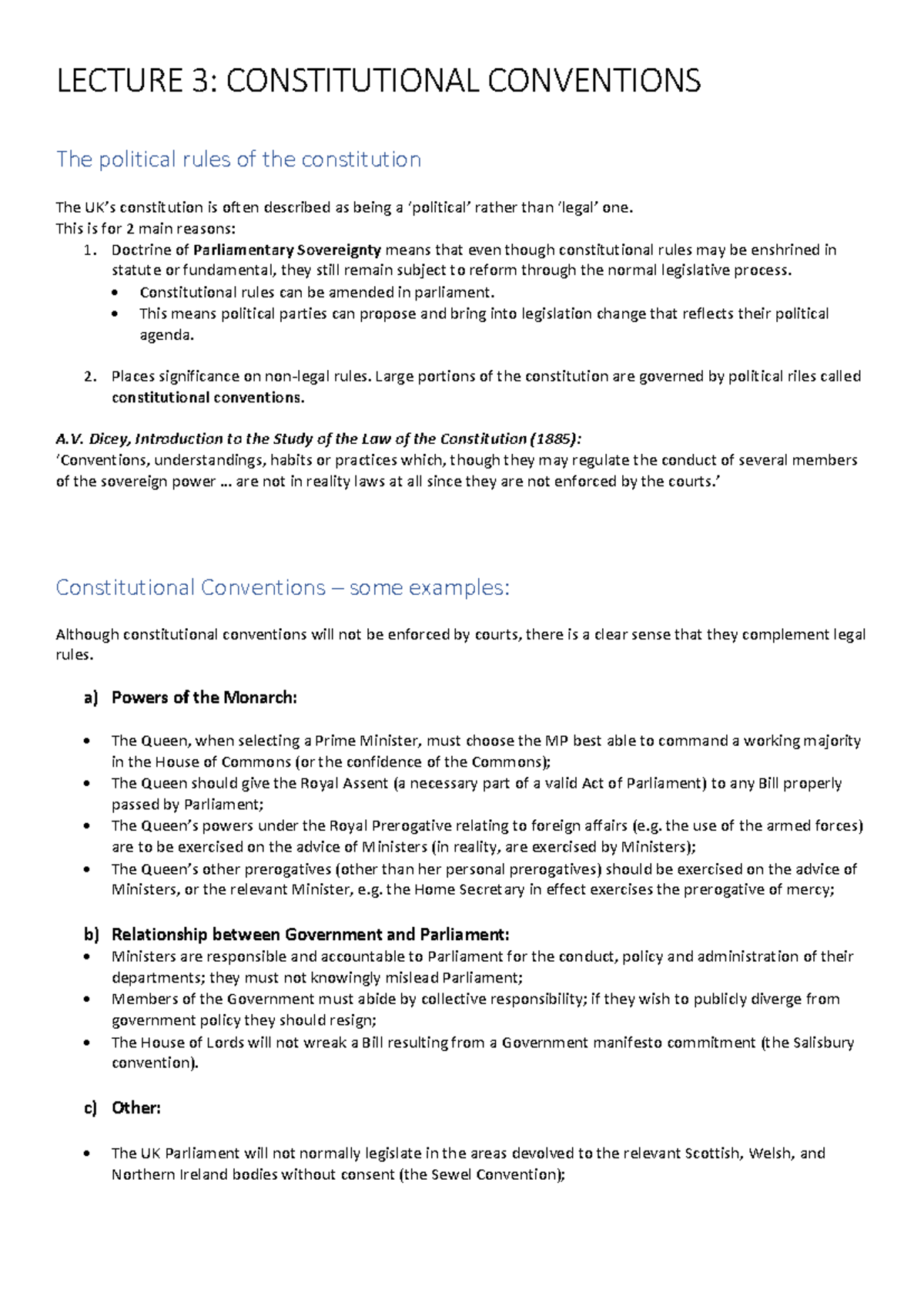 Constitutional Conventions UK Constitutional Law Lecture notes ...