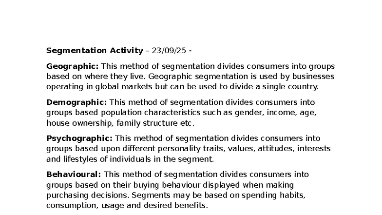Segmentation Activity 23rd Sept - Segmentation Activity – 23/09/25 ...