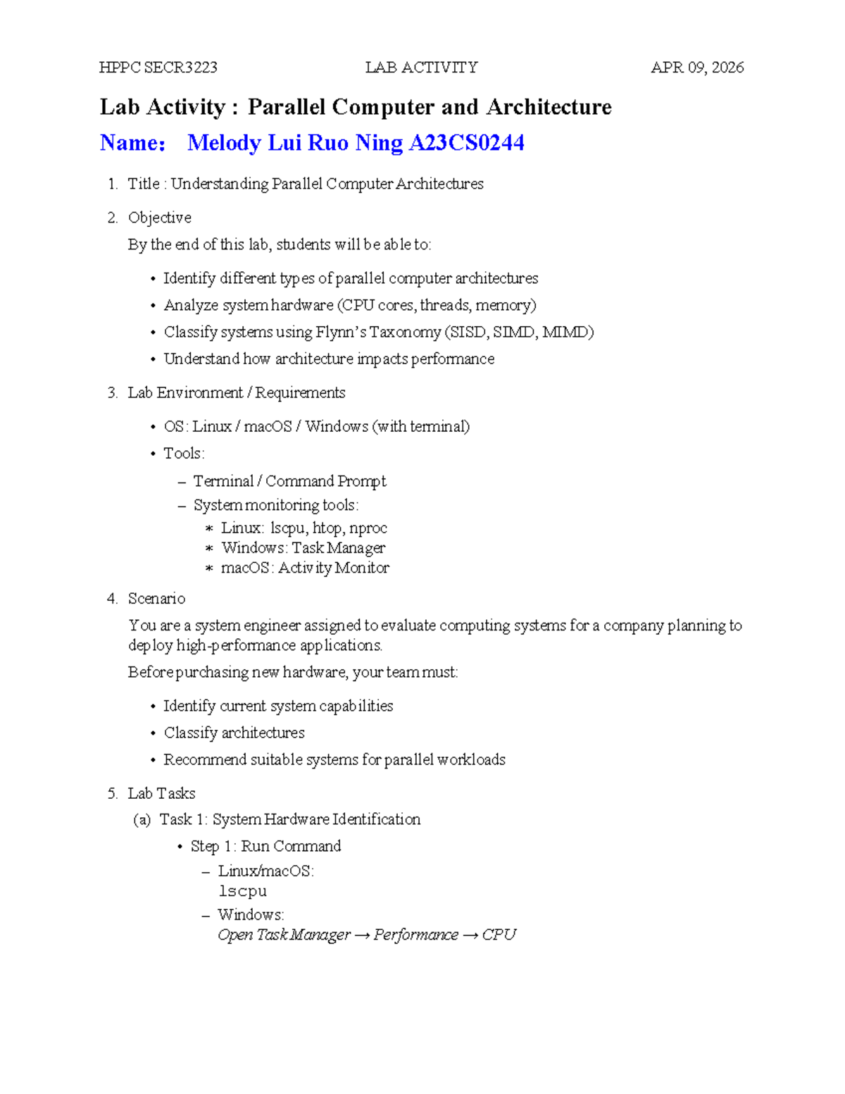 HPPC SECR3223 Lab Activity: Understanding Parallel Computer ...