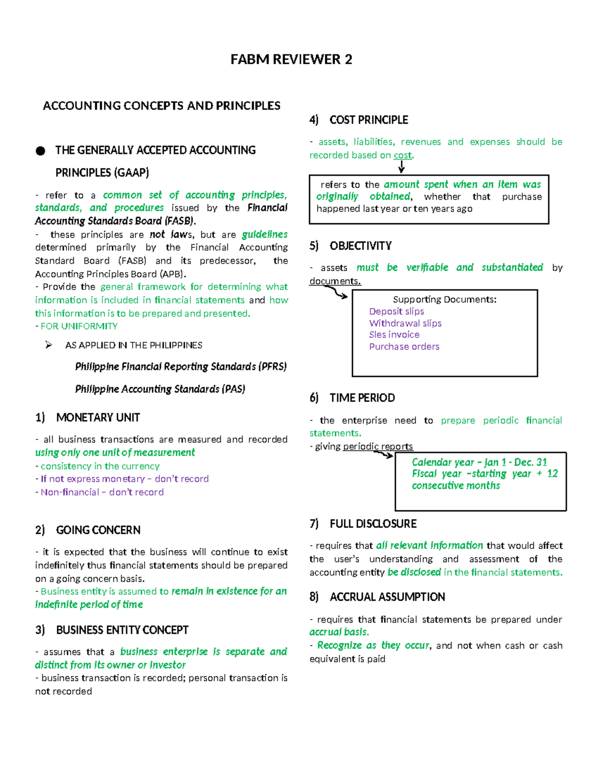 FABM 2 REVIEWER: Accounting Concepts & GAAP Principles - Studocu