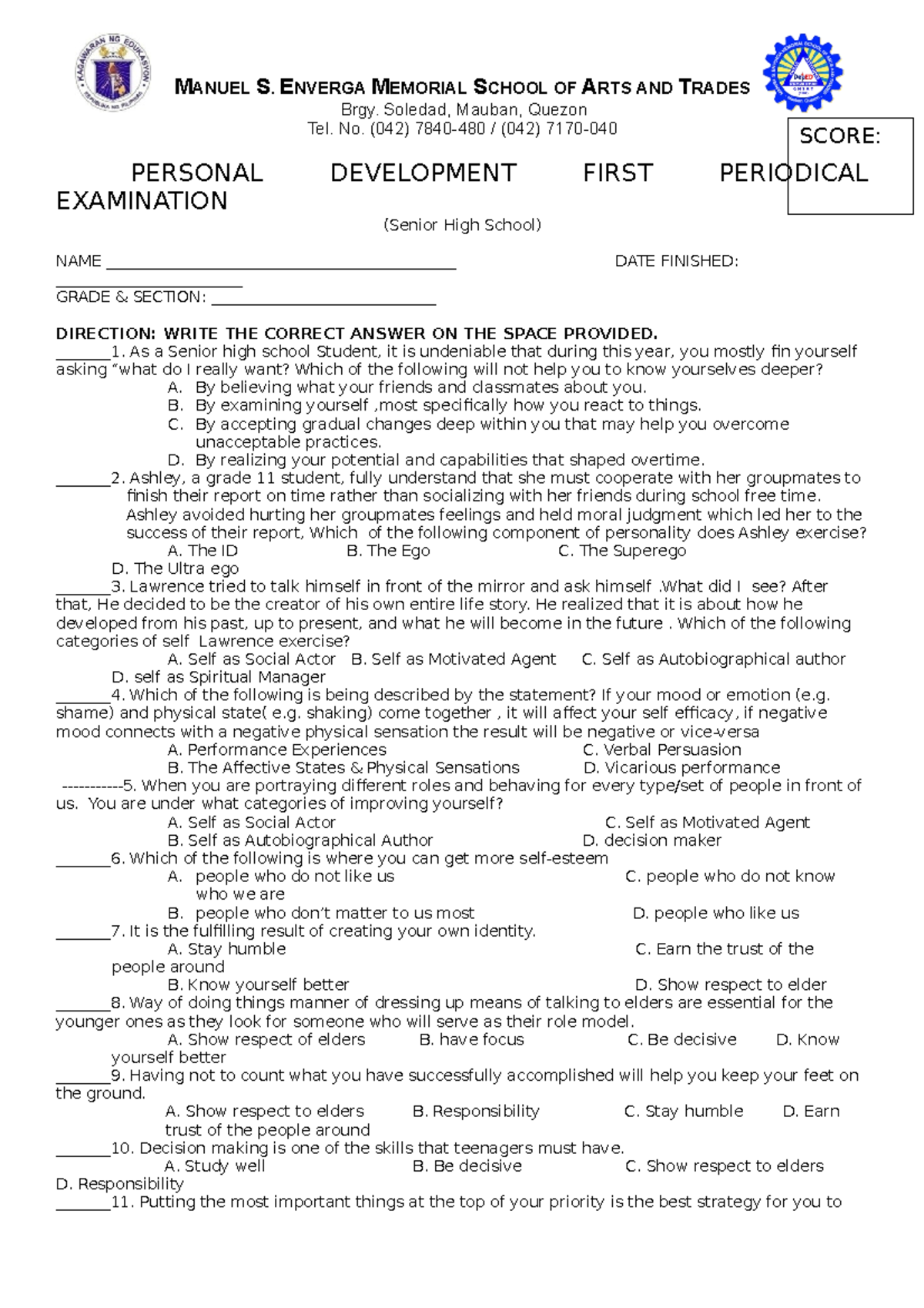 Perdev 1st Quarter Periodical Exam Notes for Senior High School - Studocu