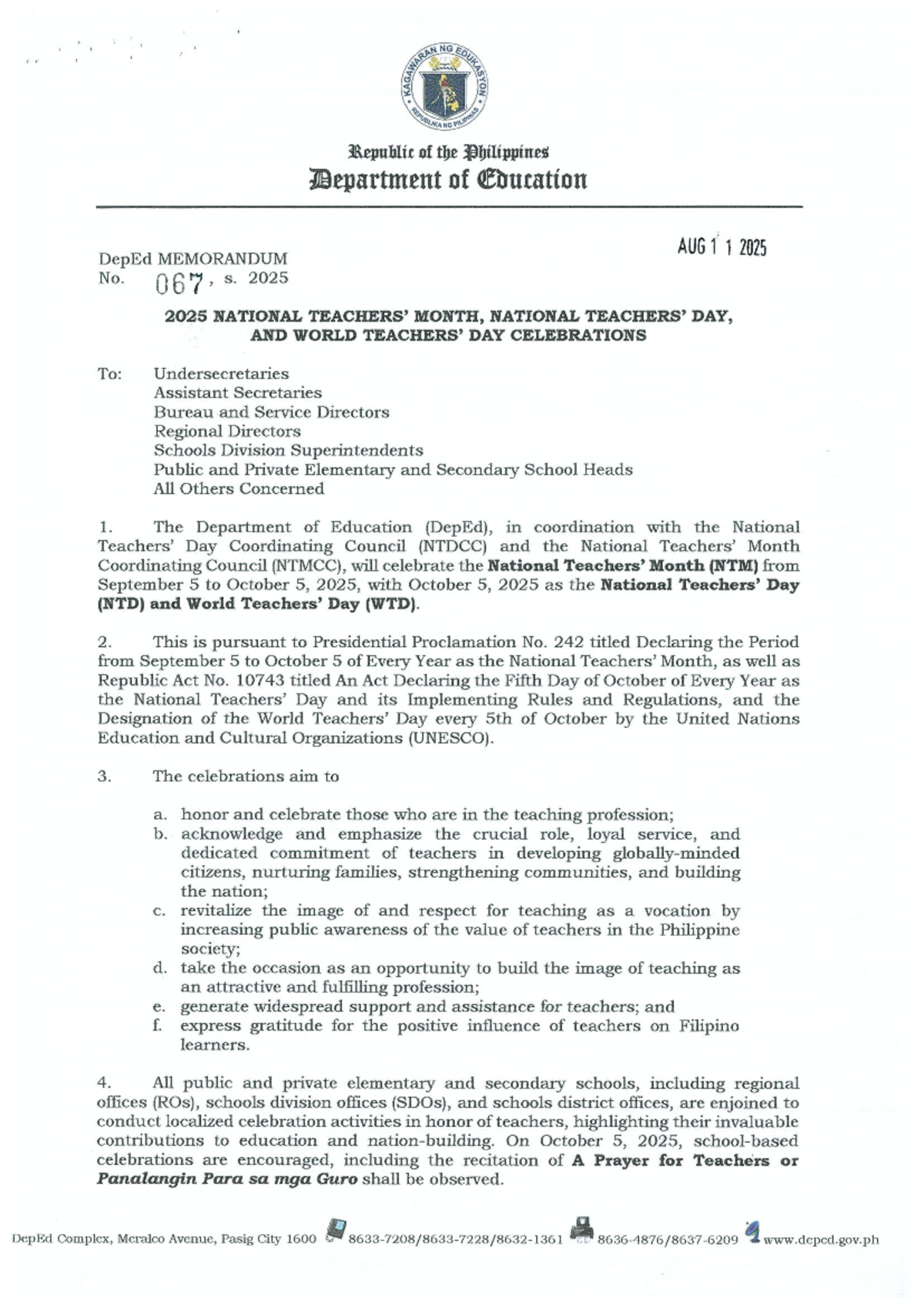 DM S2025 067: National Teachers Month & Day Celebrations 2025 - Studocu