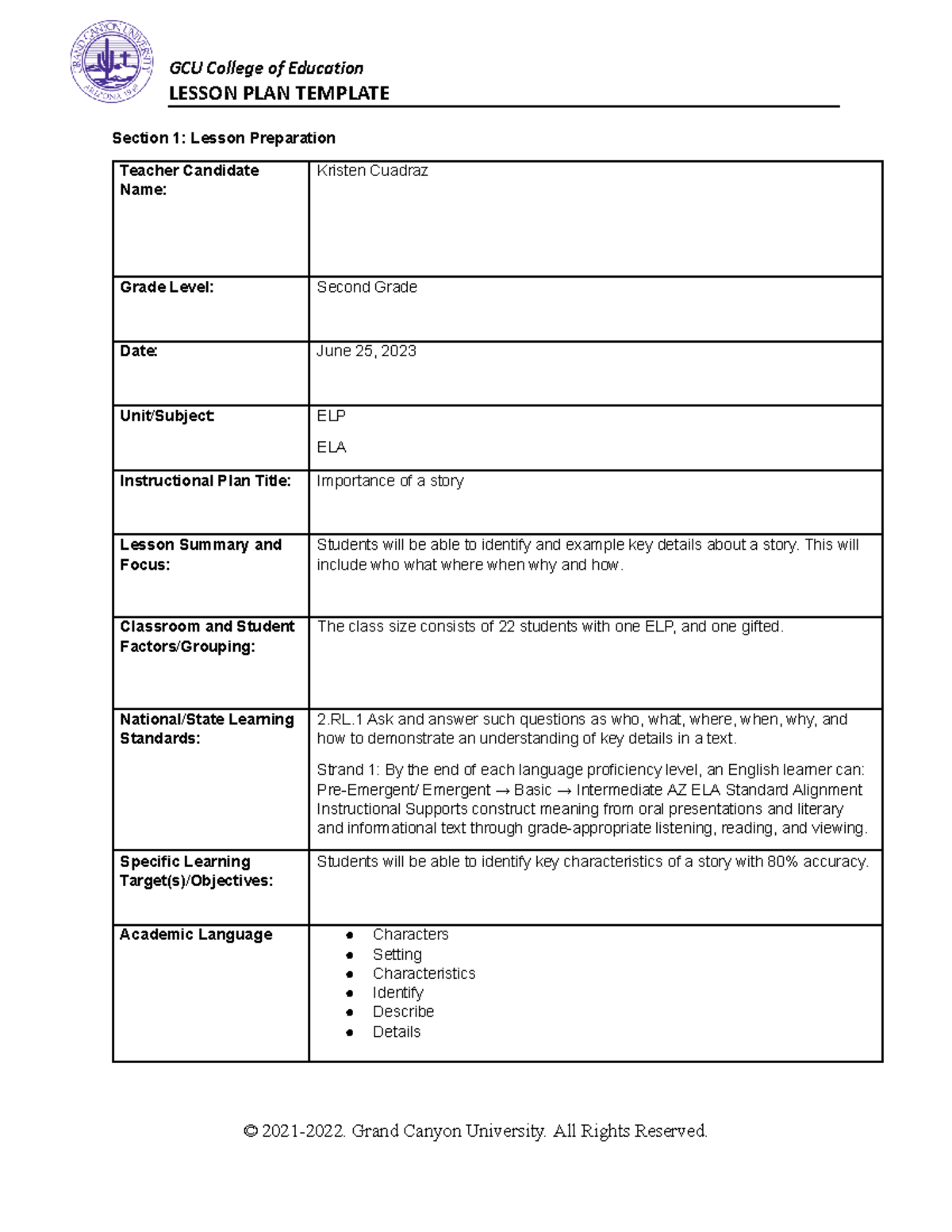Lesson Plan Template for ESL 436: Story Elements in ELP Class - Studocu