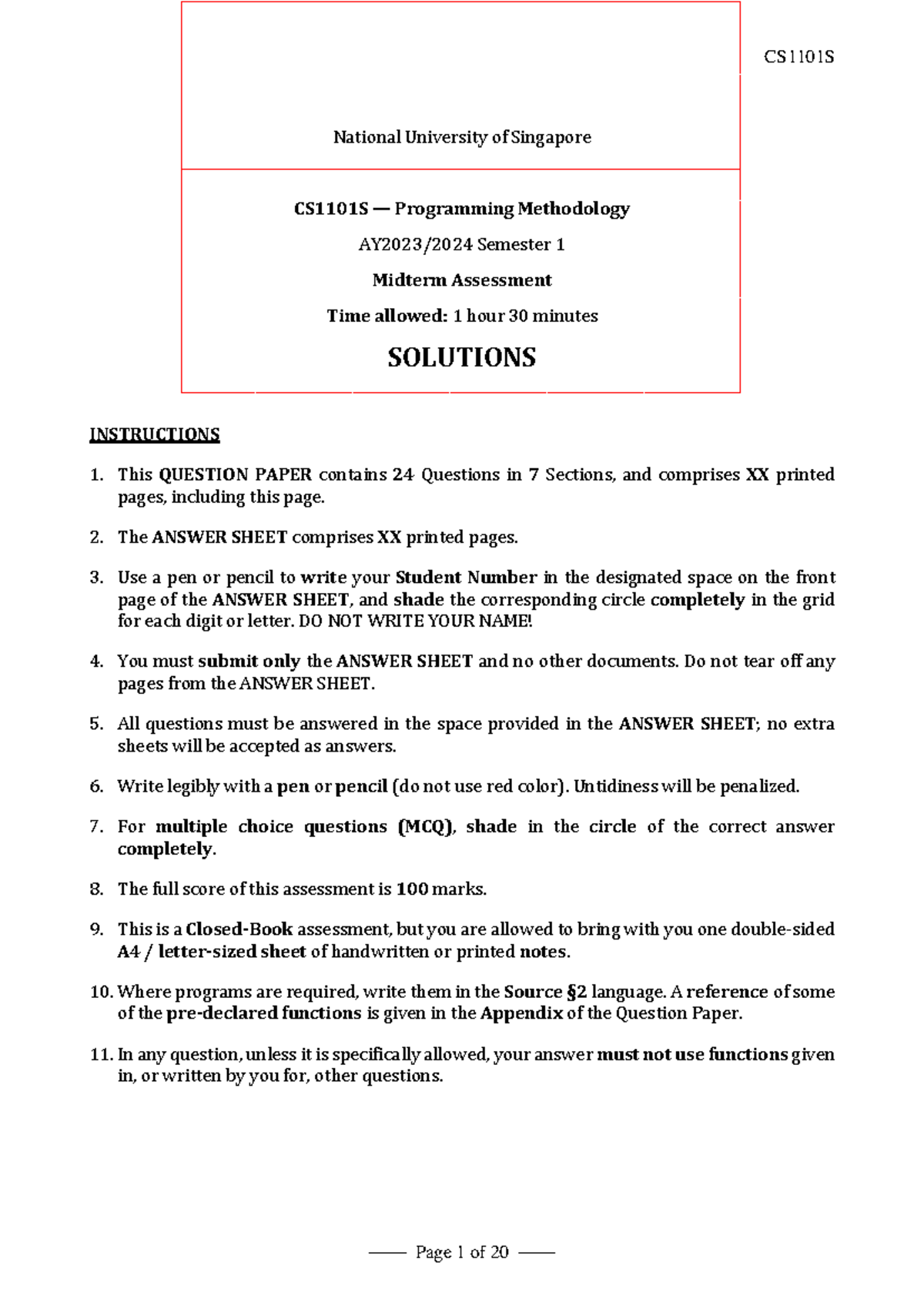 CS1101S Programming Methodology Semester 1 Midterm Solutions - Studocu