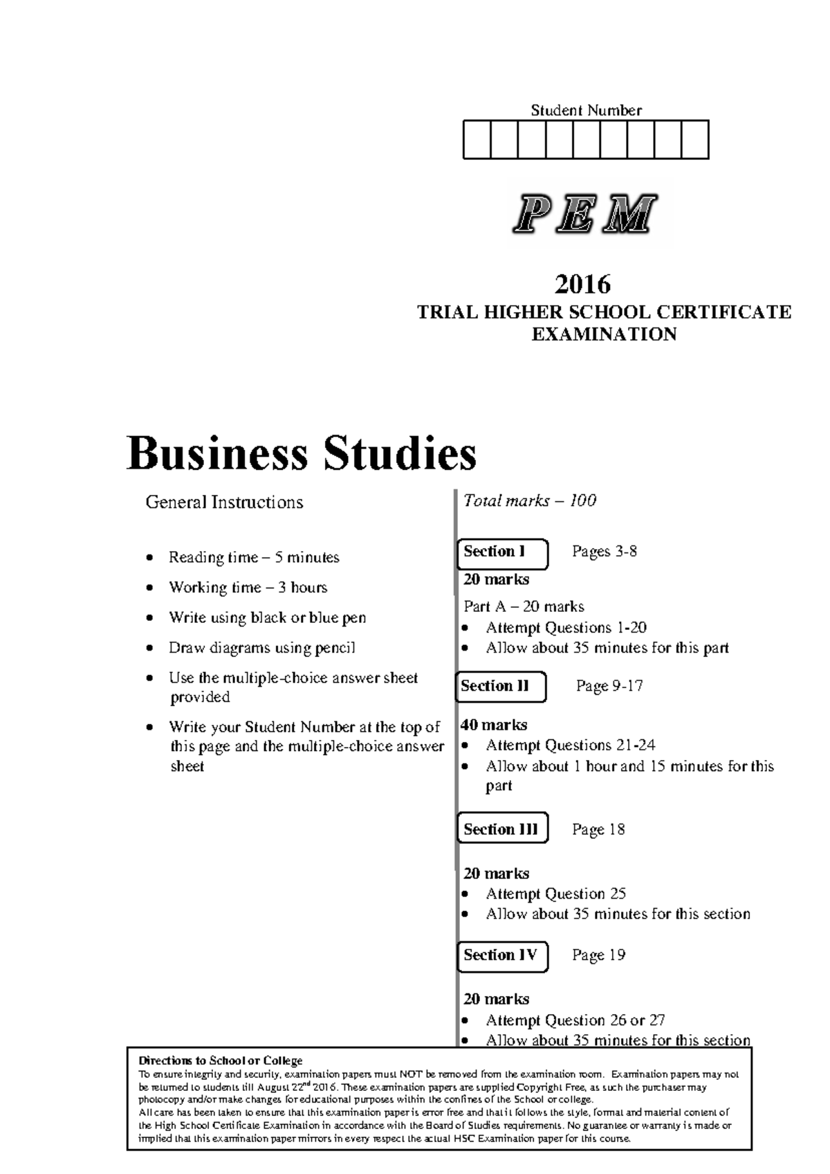 2016 PEM Business Studies Trial HSC Exam Paper and Guidelines - Studocu