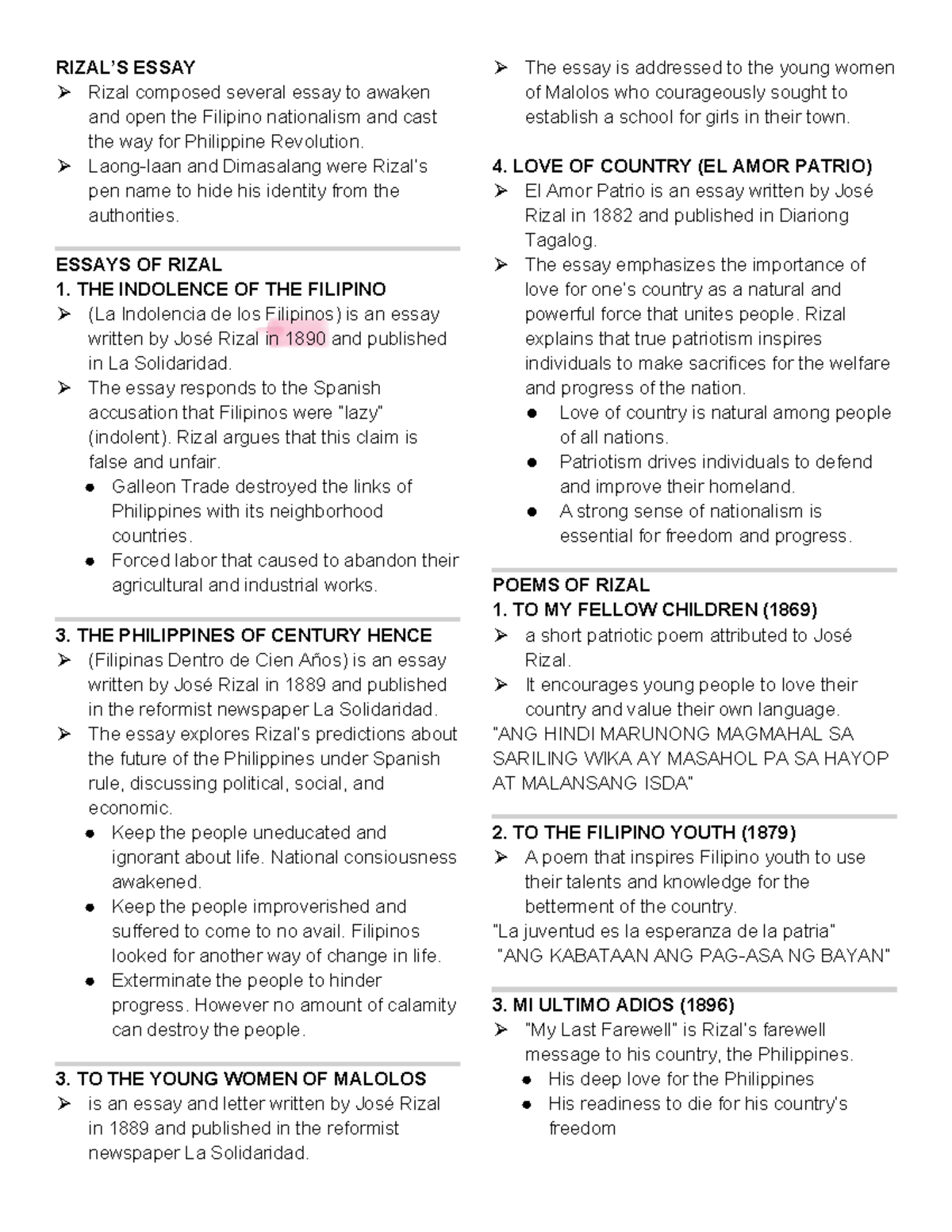 Rizal's Essays, Poems, and Novels: A Study Guide (RIZAL 101) - Studocu