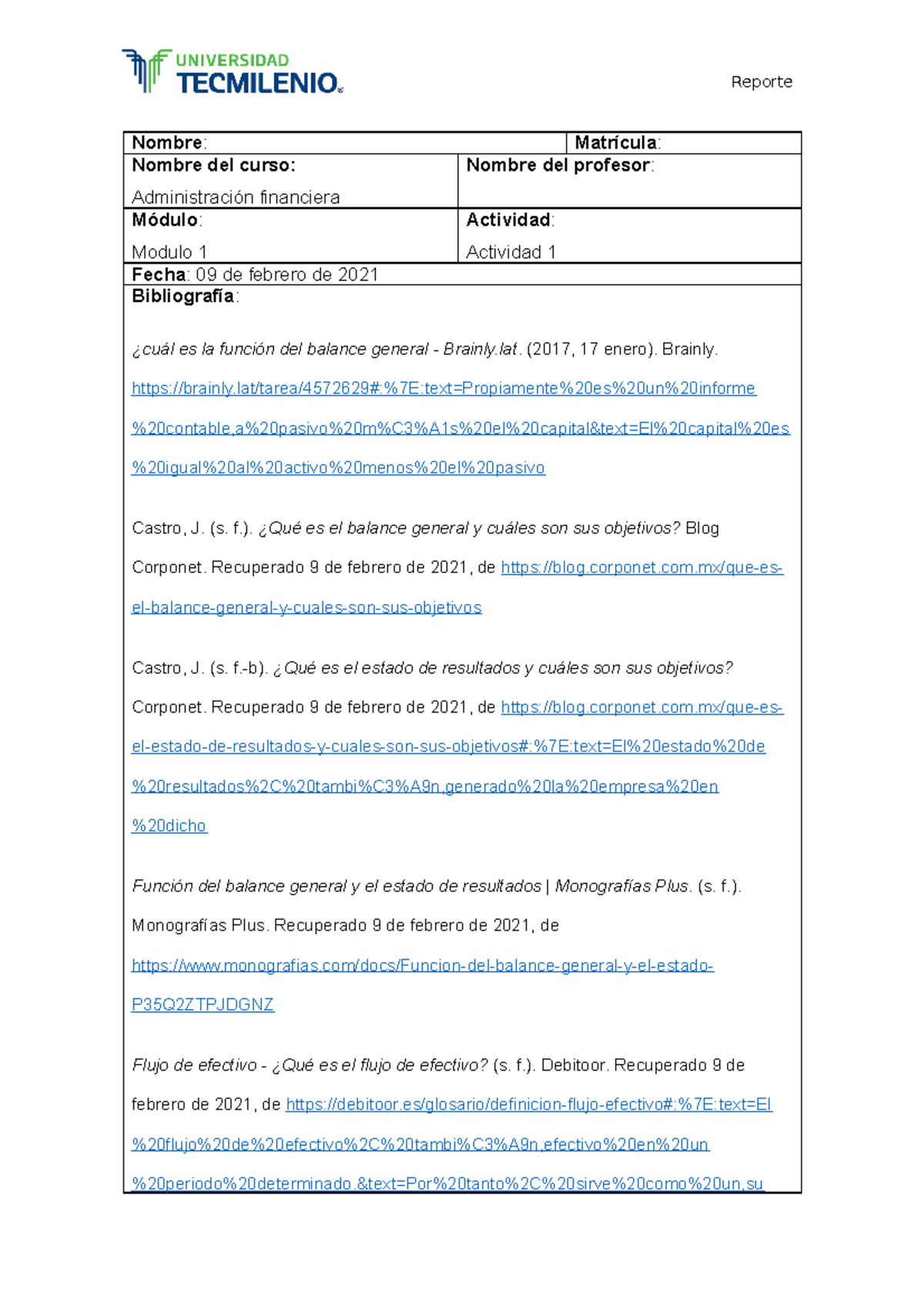 Actividad 1 Administración Financiera - Nombre : Matrícula : Nombre del ...
