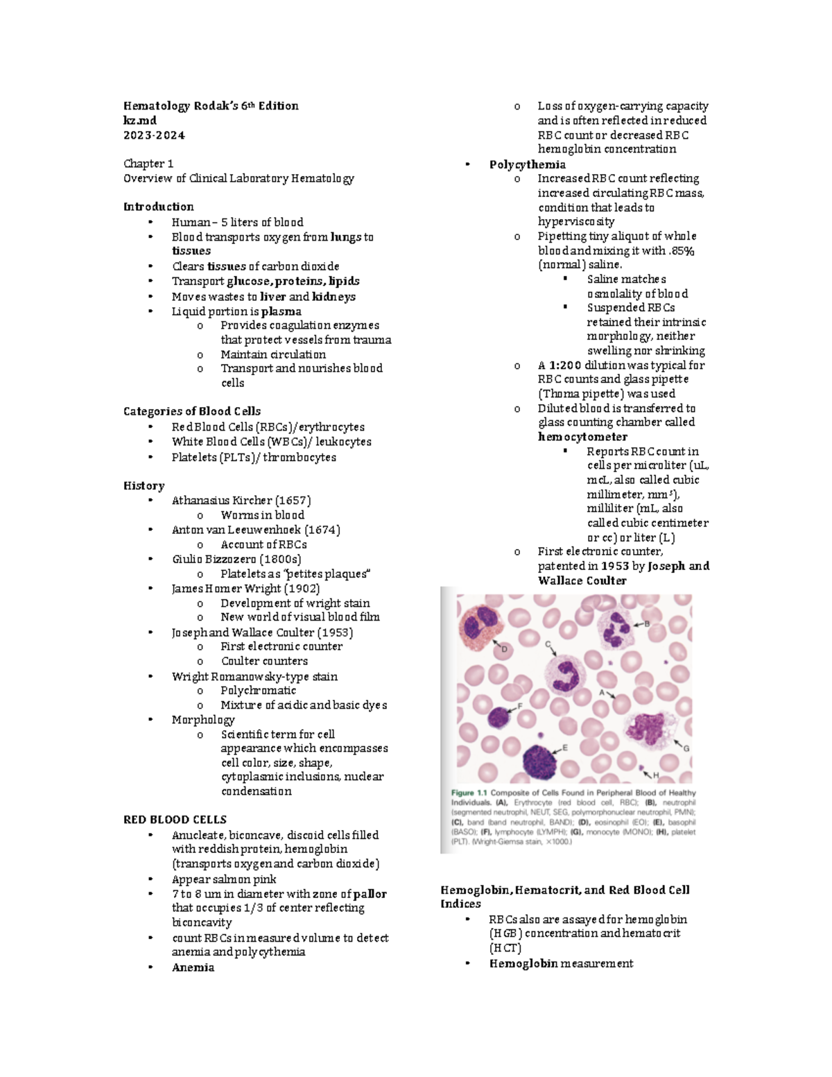 Rodak's Hematology Notes (6th Ed) - Chapter 1 Overview - Studocu
