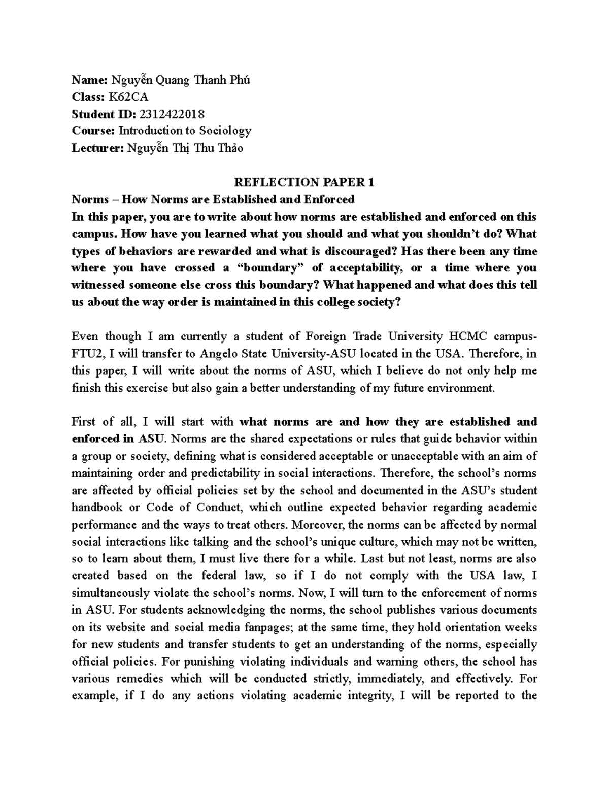 Reflection Paper 1 - NGUYỄN Quang Thanh PHÚ - 2312422018 - Name: Nguyễn ...
