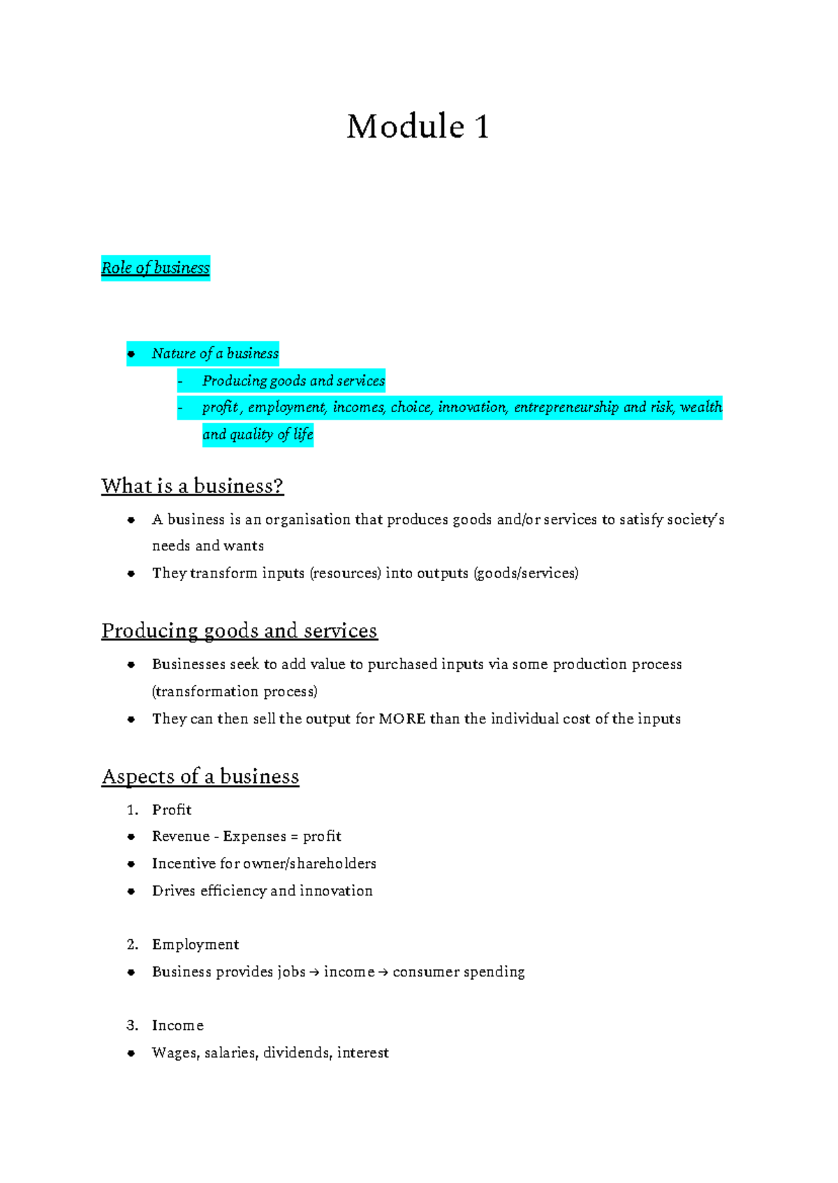 Business Notes: Module 1 - Role of Business and Its Impact on Society ...