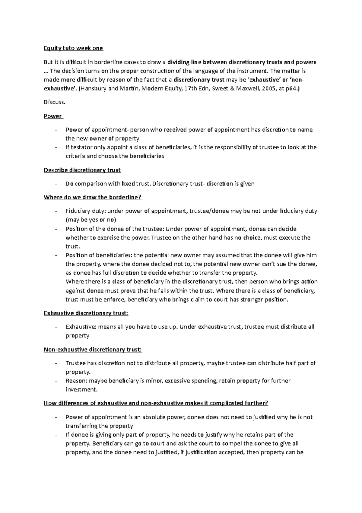 Tutorial 1 question and answer - Equity and Trusts II - MMU - Studocu