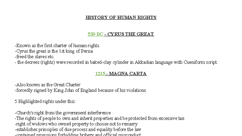 HIST 101: Evolution of Human Rights from Cyrus to the US Declaration ...