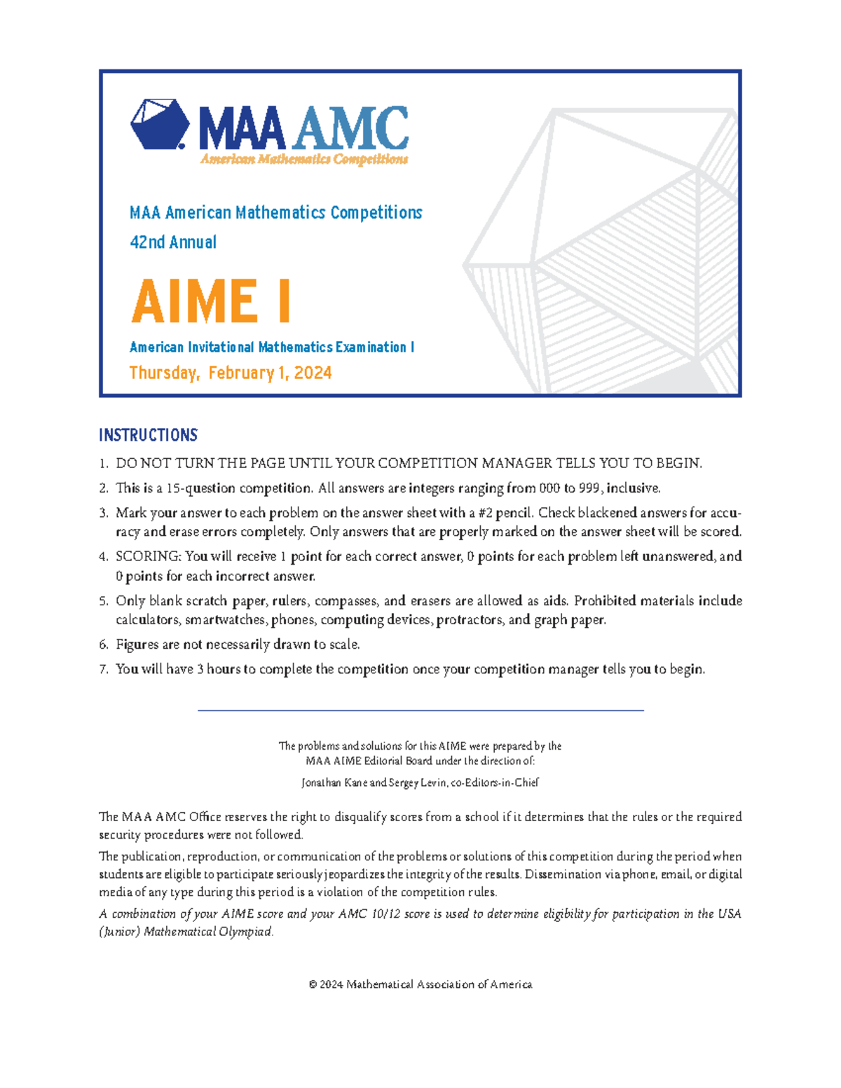 AIME-2024: Questions for the 42nd Annual AIME I Exam - Studocu