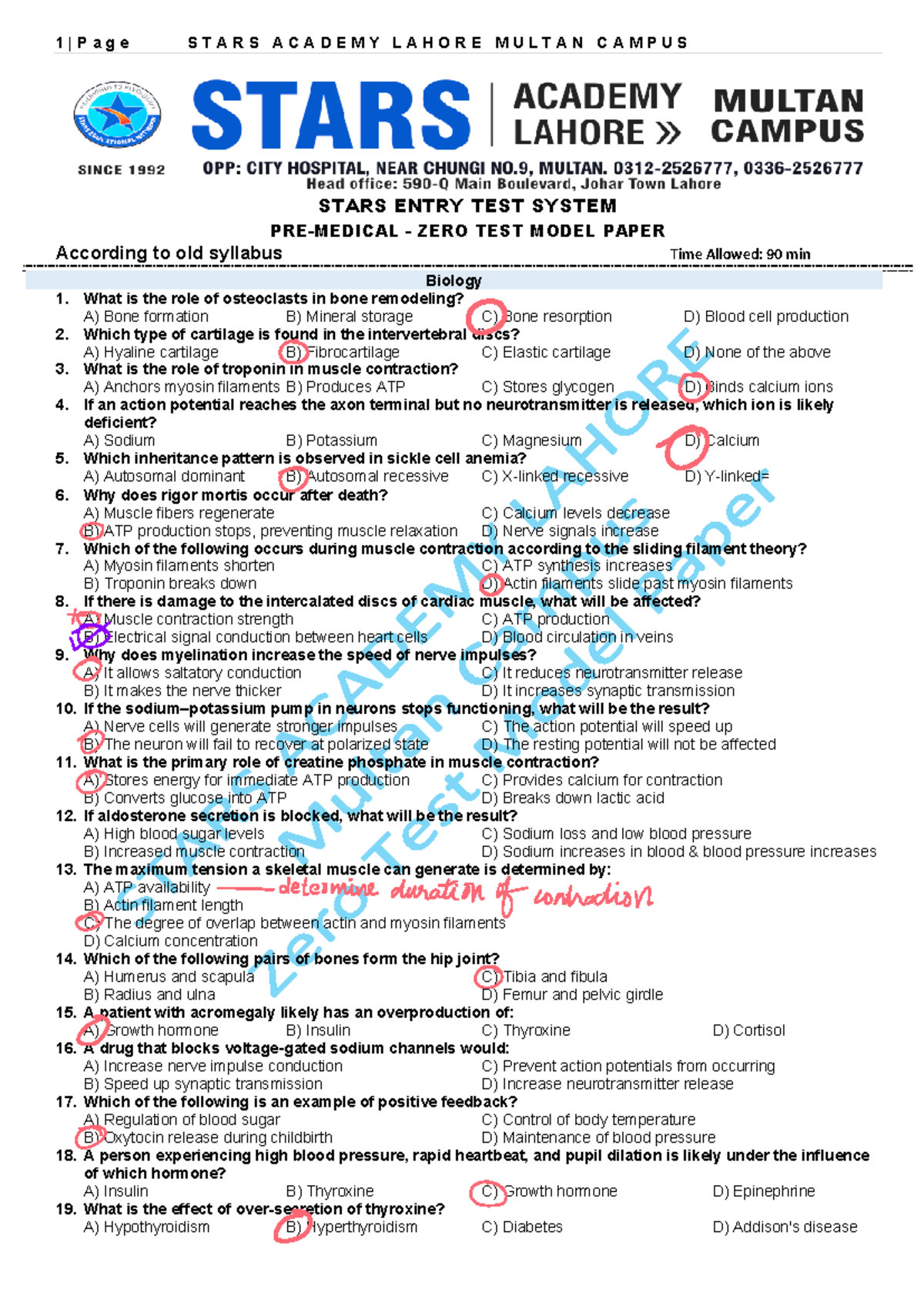 STARS ACADEMY LAHORE MULTAN CAMPUS ZERO TEST MODEL PAPER 2025 - Studocu