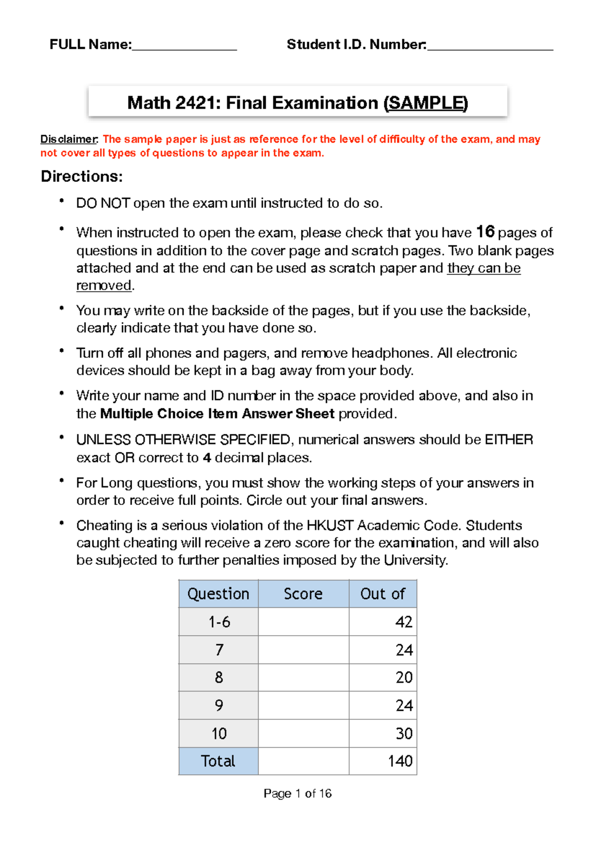 Math 2421: Sample Final Exam with Answer Sheet Instructions - Studocu