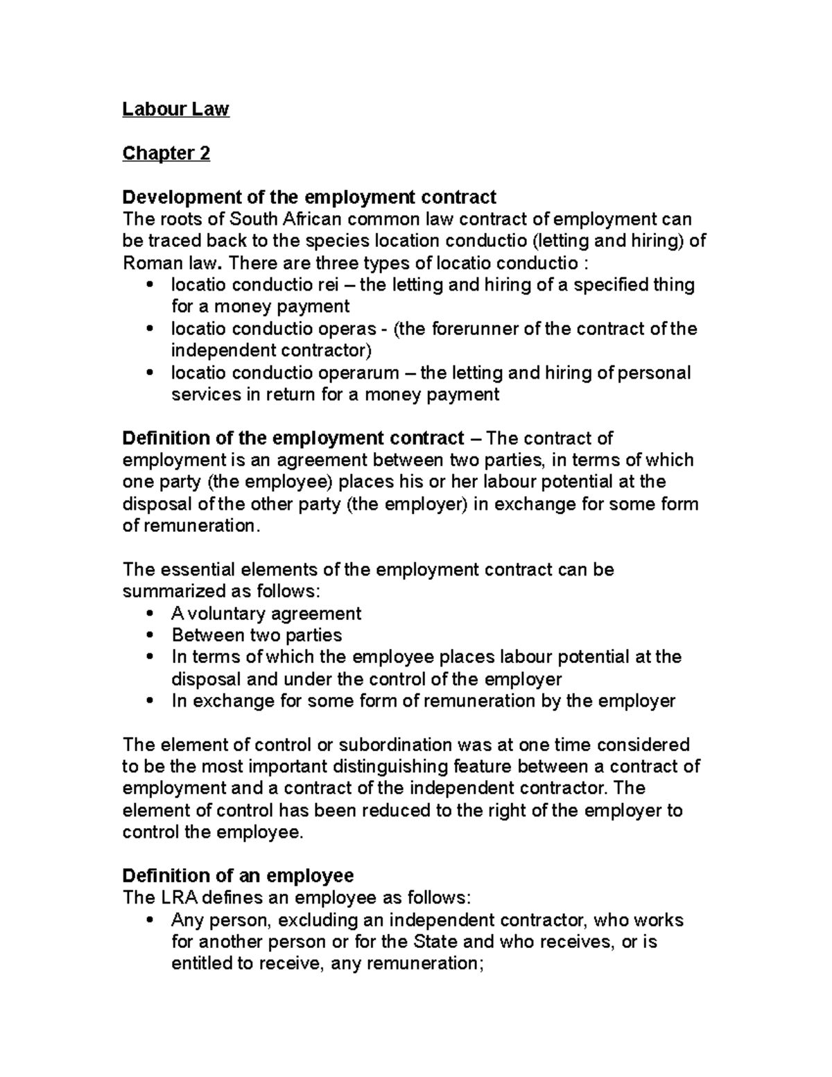 Labour Law Notes 3: Employment Contracts and Rights Overview - Studocu